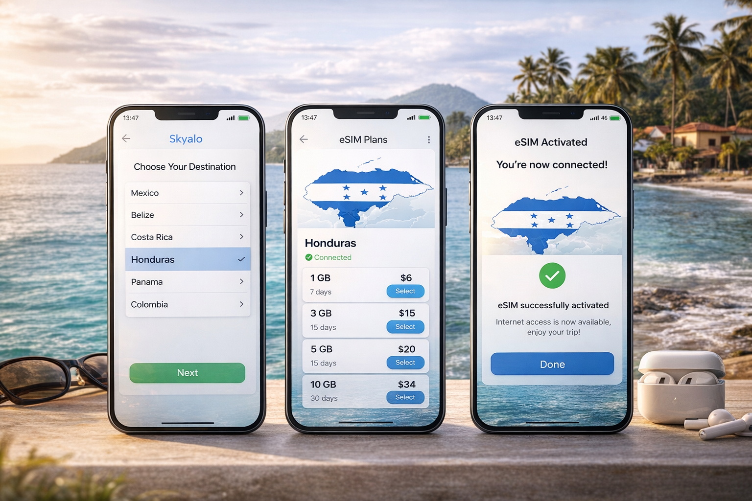 הפעלת eSIM להונדורס שלב אחר שלב בשלושה סמארטפונים: בחירת מדינה, בחירת חבילה וחיבור מוצלח של אינטרנט סלולרי.