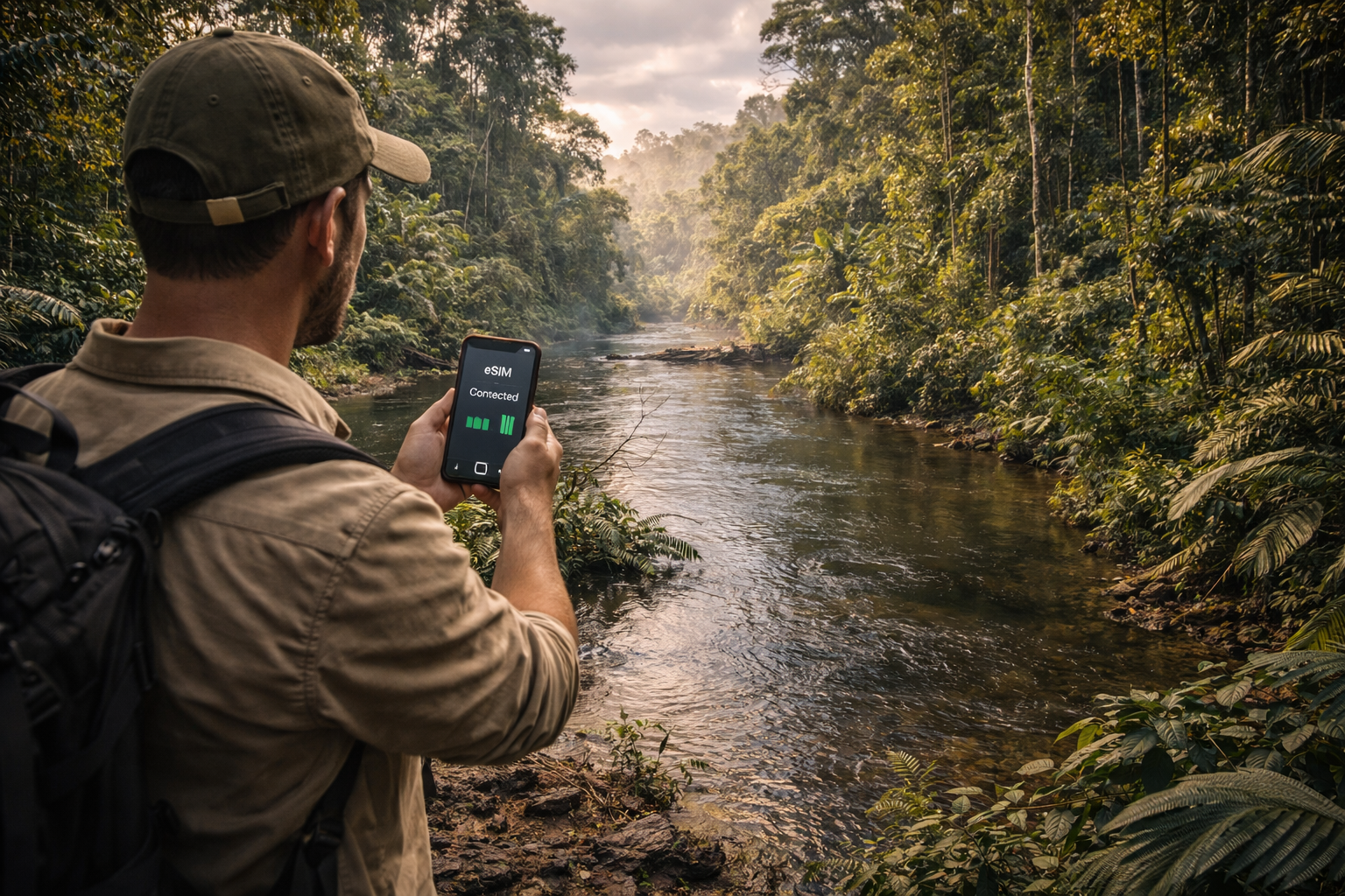 Putnik u amazonskim džunglama Kolumbije koristi pametne telefone sa eSIM internetom