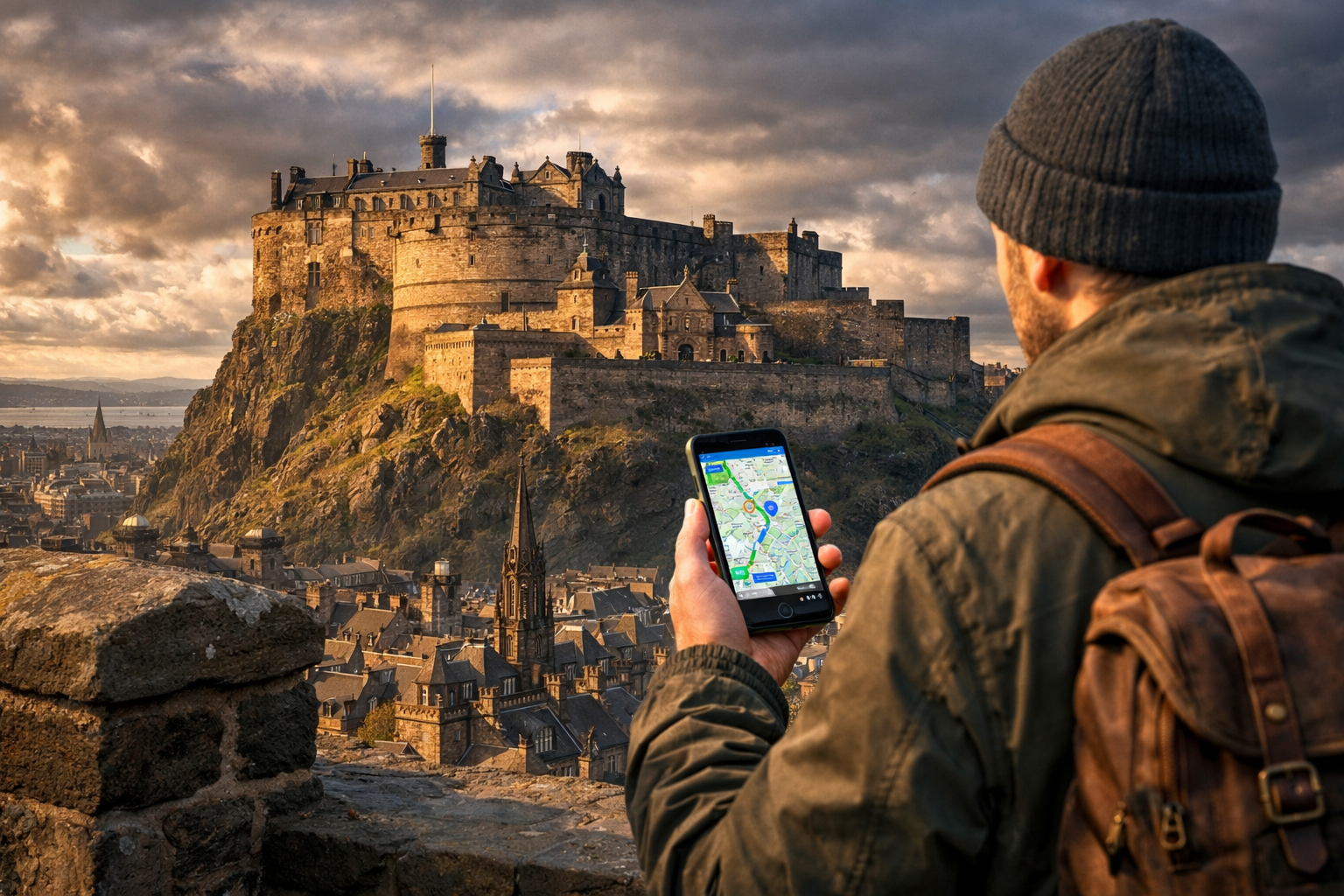 Edinburgh Castle on the rock and a tourist with a smartphone with an active eSIM