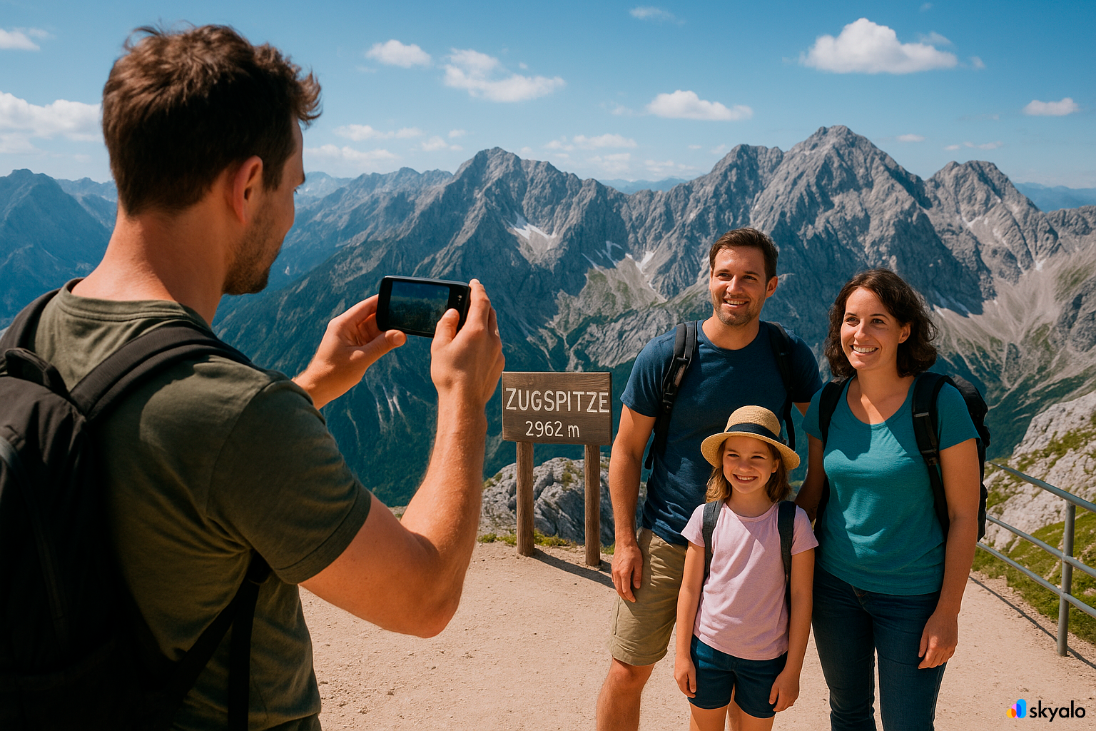 Garmisch-Partenkirchen; tourist photographing family with the Zugspitze mountains in the background