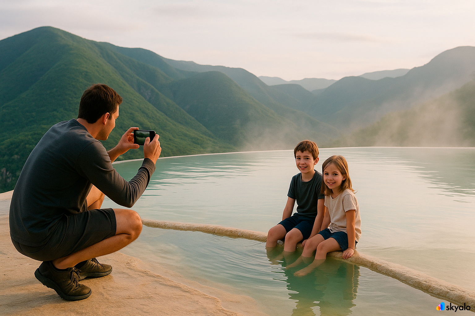 Family at Hierve el Agua terraces; father photographing the kids, steam over the water and mountains beyond