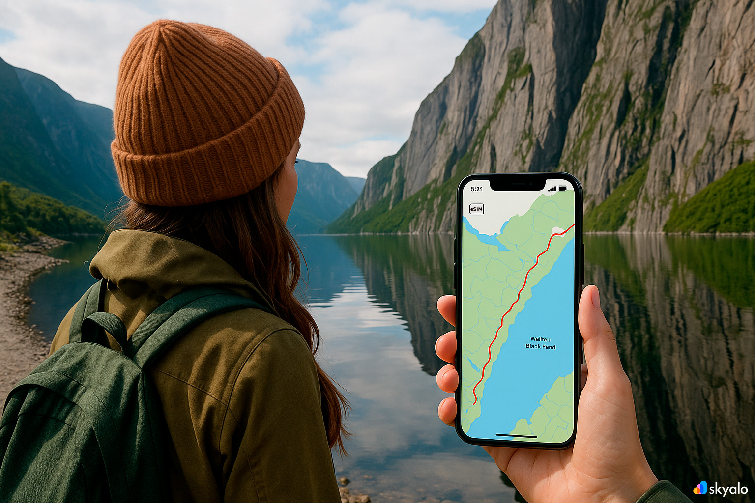 Gros Morne fjord; hiking track on phone, sheer cliffs mirrored in still green water