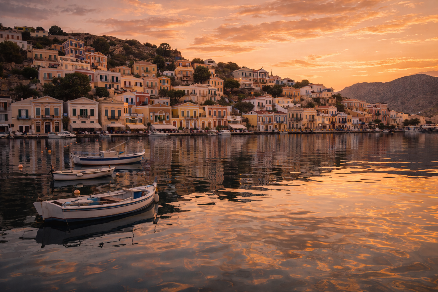 Pastel neoclassical houses of Symi’s port reflected in calm water
