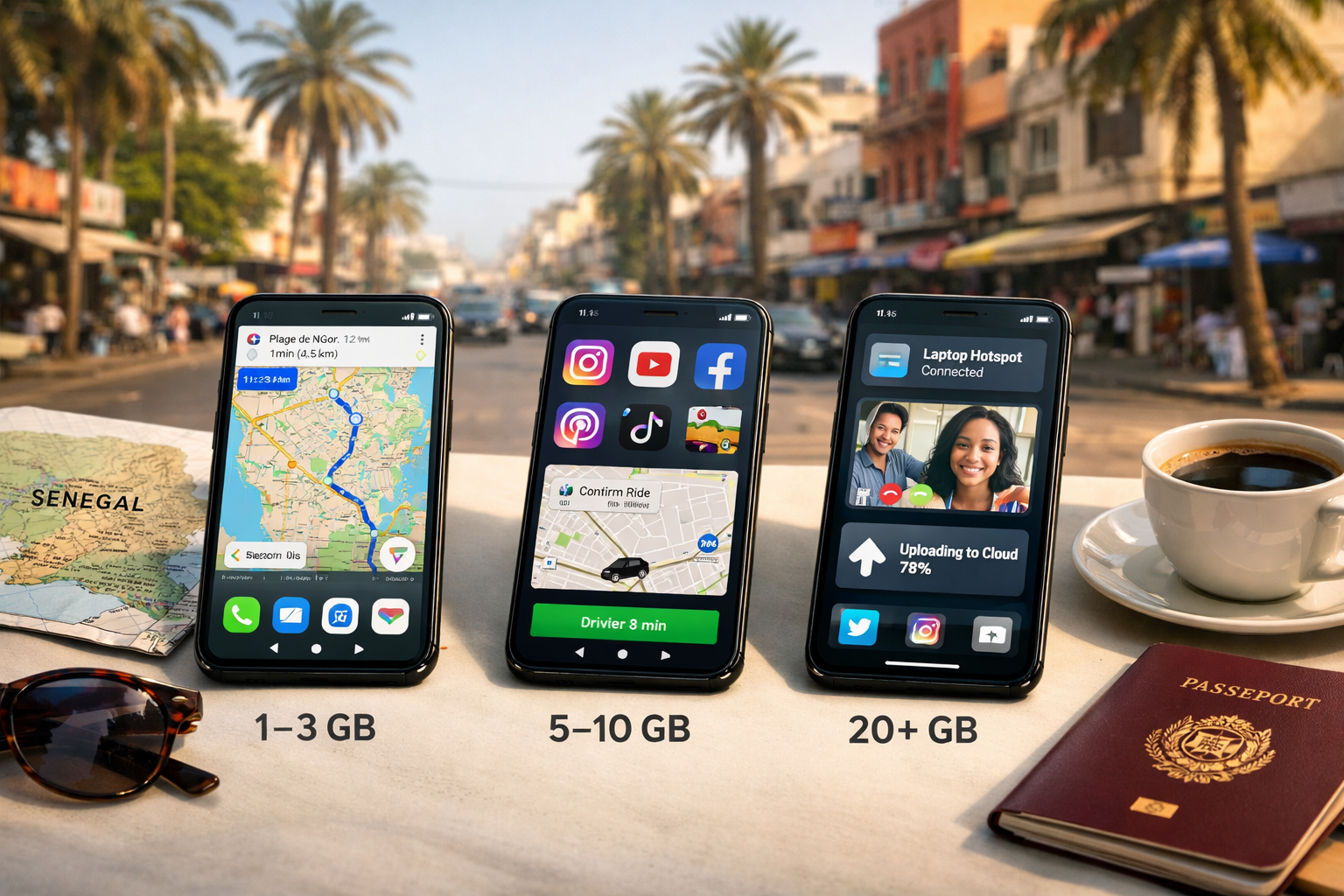 How much mobile data a tourist needs in Senegal—smartphones with navigation, social media, and video call apps.