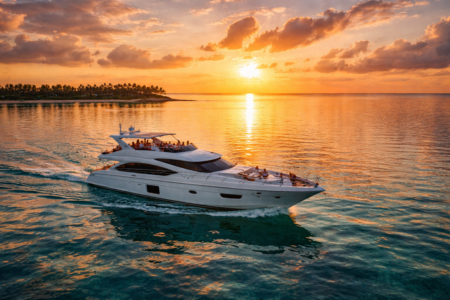 A yacht against a golden sunset over the lagoon