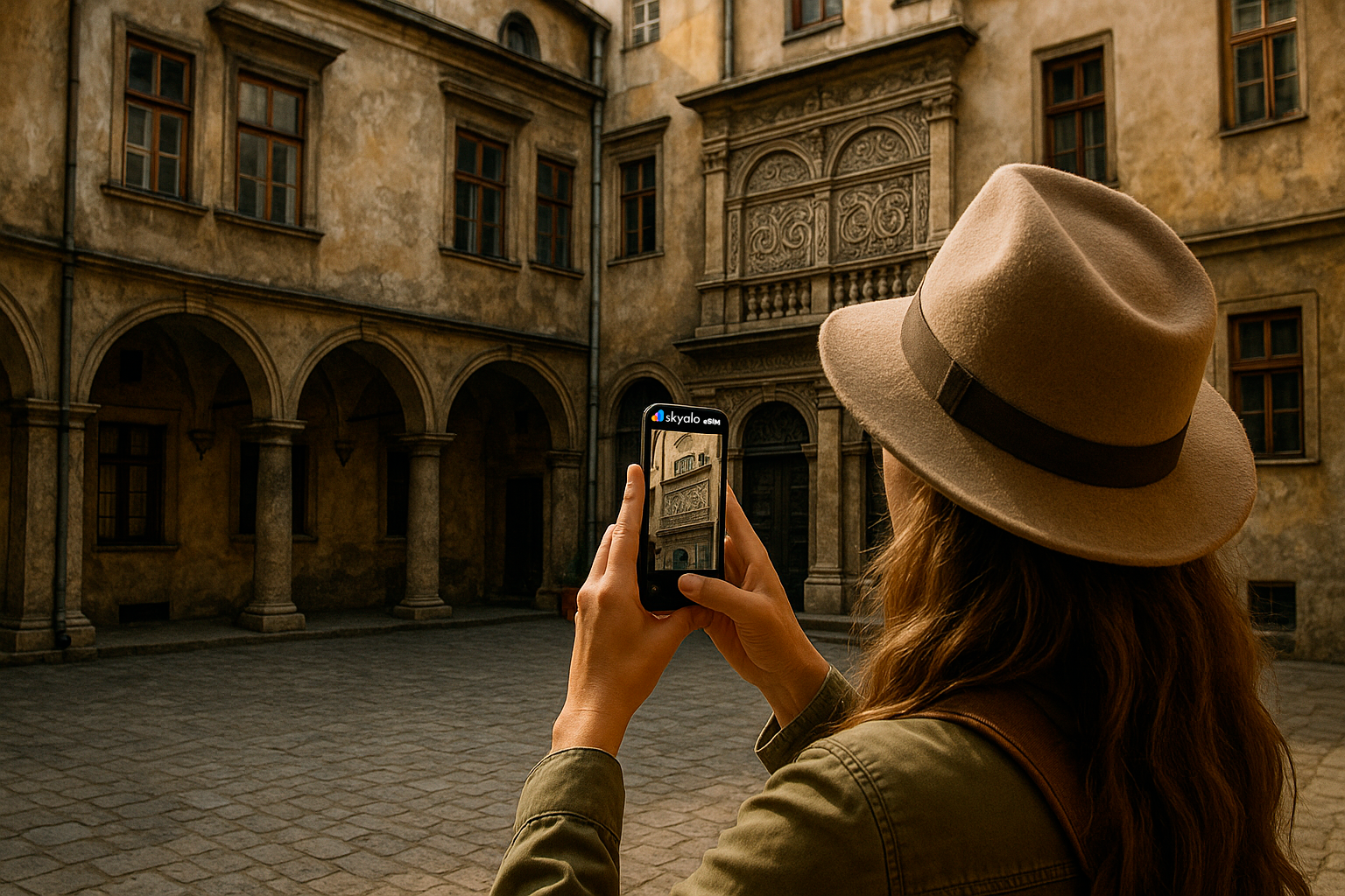 Traveler photographing the Court of the Lions in the Alhambra, eSIM active, light and shadows emphasize details