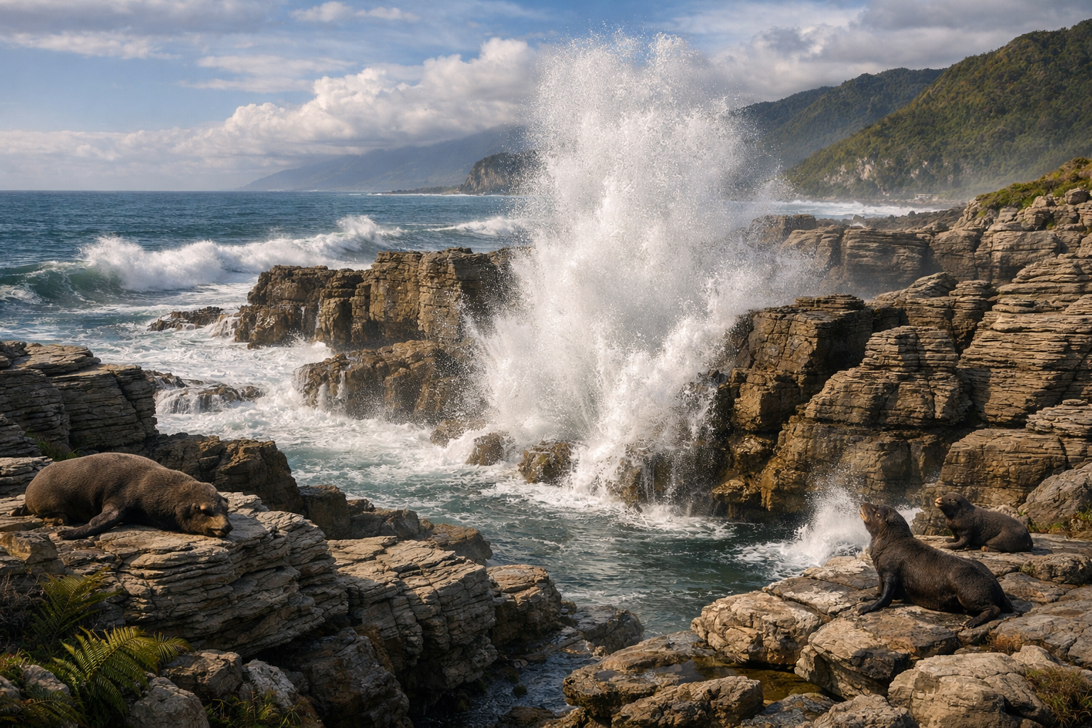 Pancake Rocks klintis un okeāna viļņi
