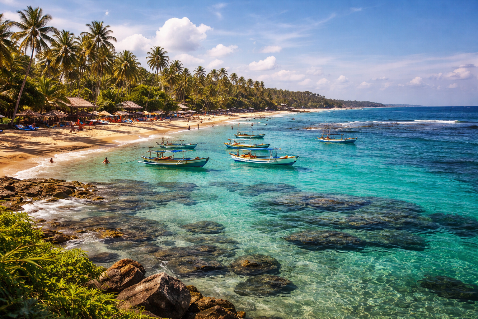 Hikkaduwa Beach with coral reefs and clear water on Sri Lanka’s south coast.