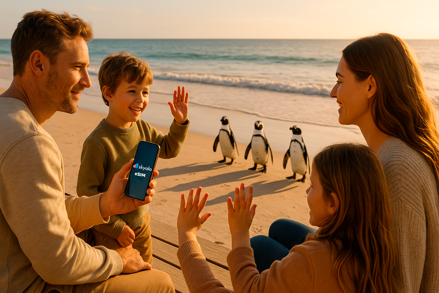 Family meets penguins on Phillip Island; Skyalo eSIM on the phone, soft sunset and ocean breeze