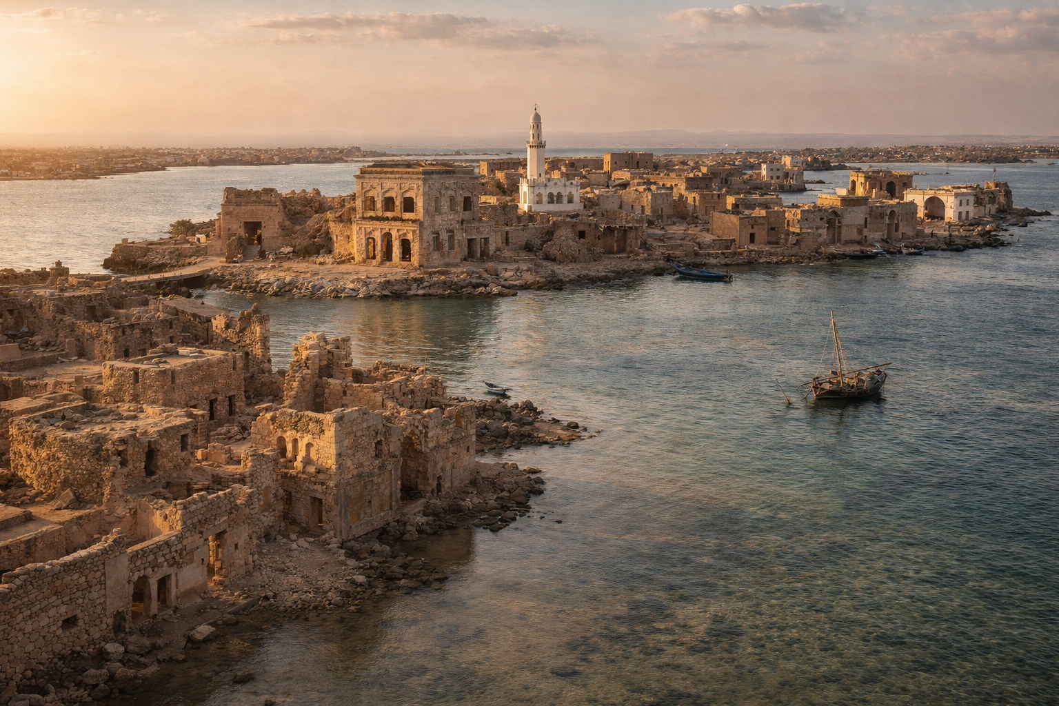 נמל סואקין ההיסטורי בסודן עם חורבות האדריכלות החופית הישנה, חוף ים ואור חם של הים האדום.