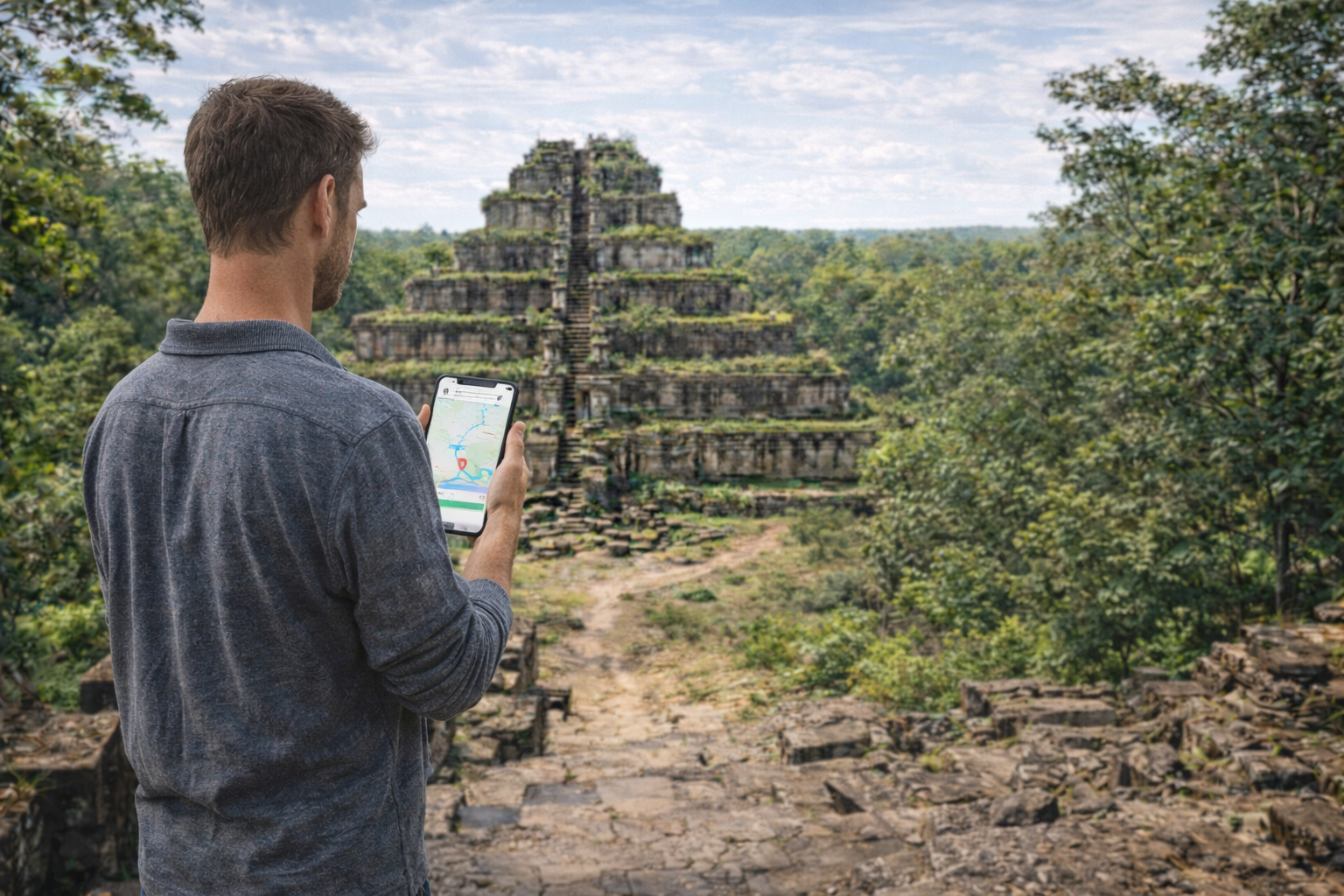 Koh Ker pyramid and a traveler with an active eSIM