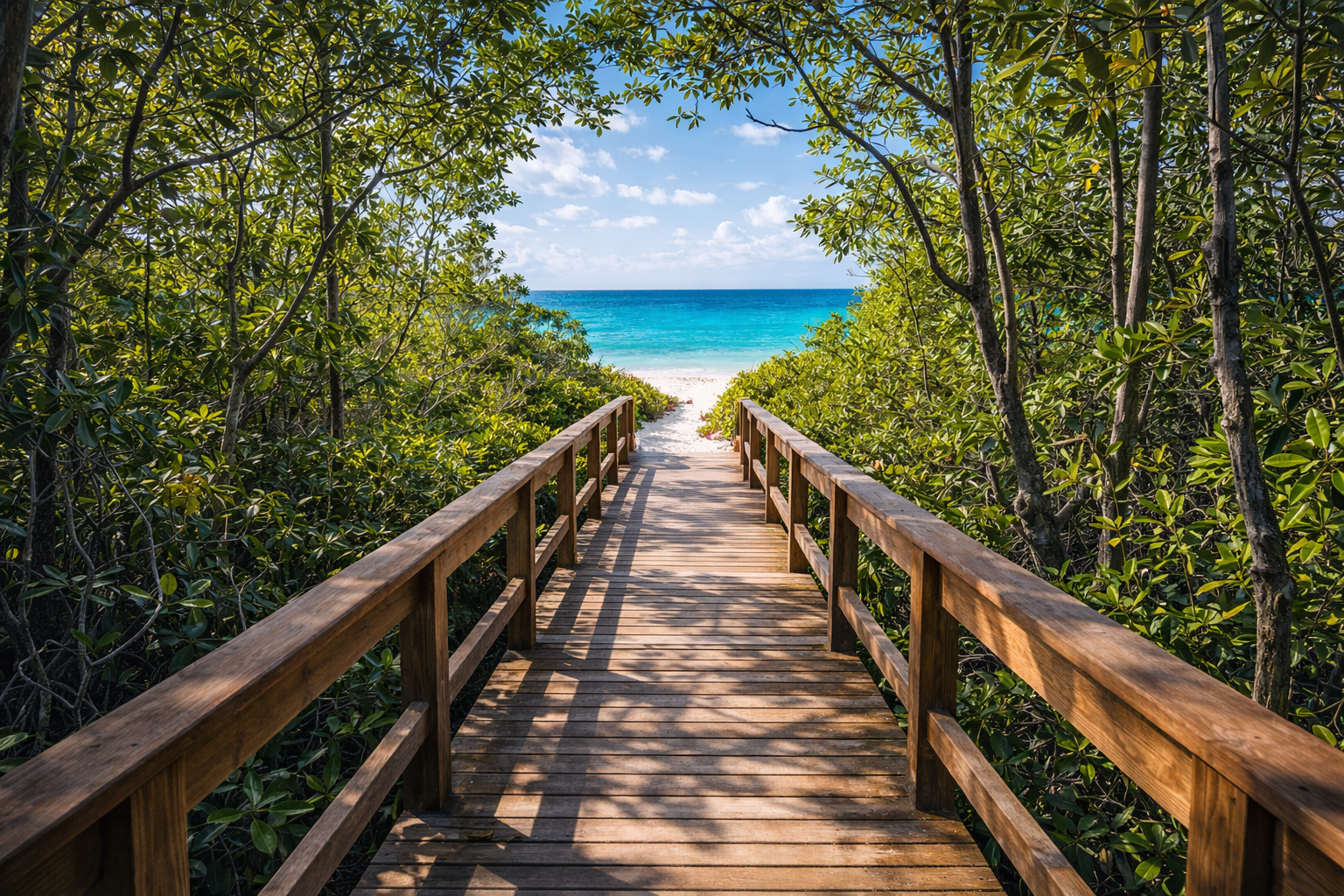 Passerella in legno tra le mangrovie del Lucayan National Park alle Bahamas.
