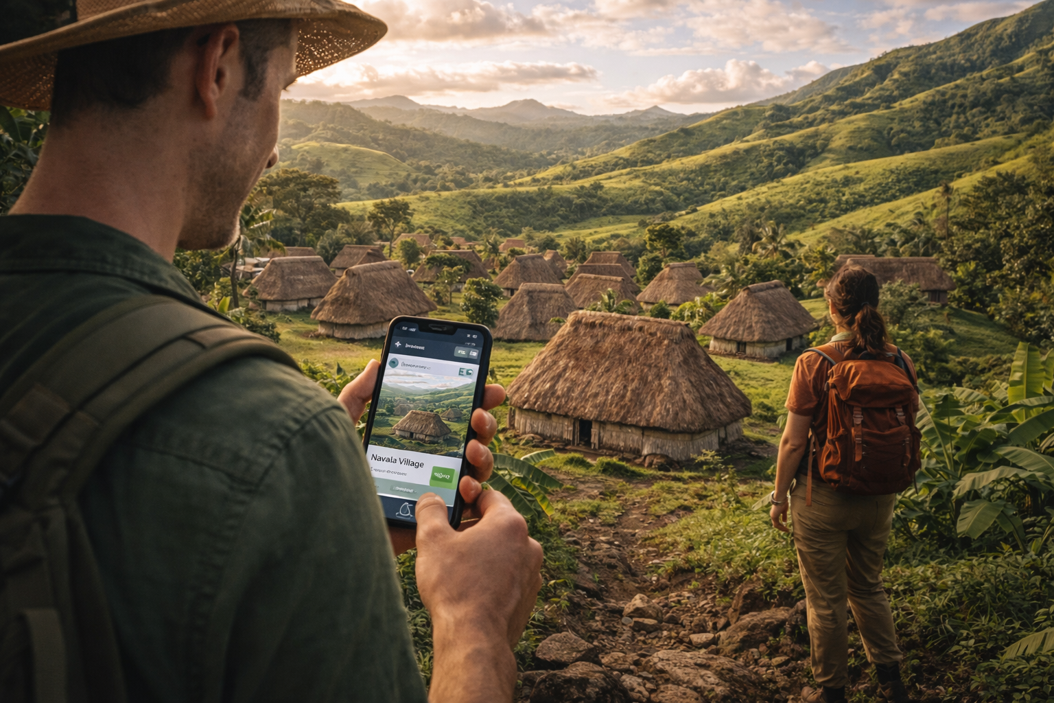 Vesnice Navala na Fidži s tradičními domy bure, zelenými kopci a autentickou trasou, kde eSIM pomáhá zůstat ve spojení i na odlehlém místě