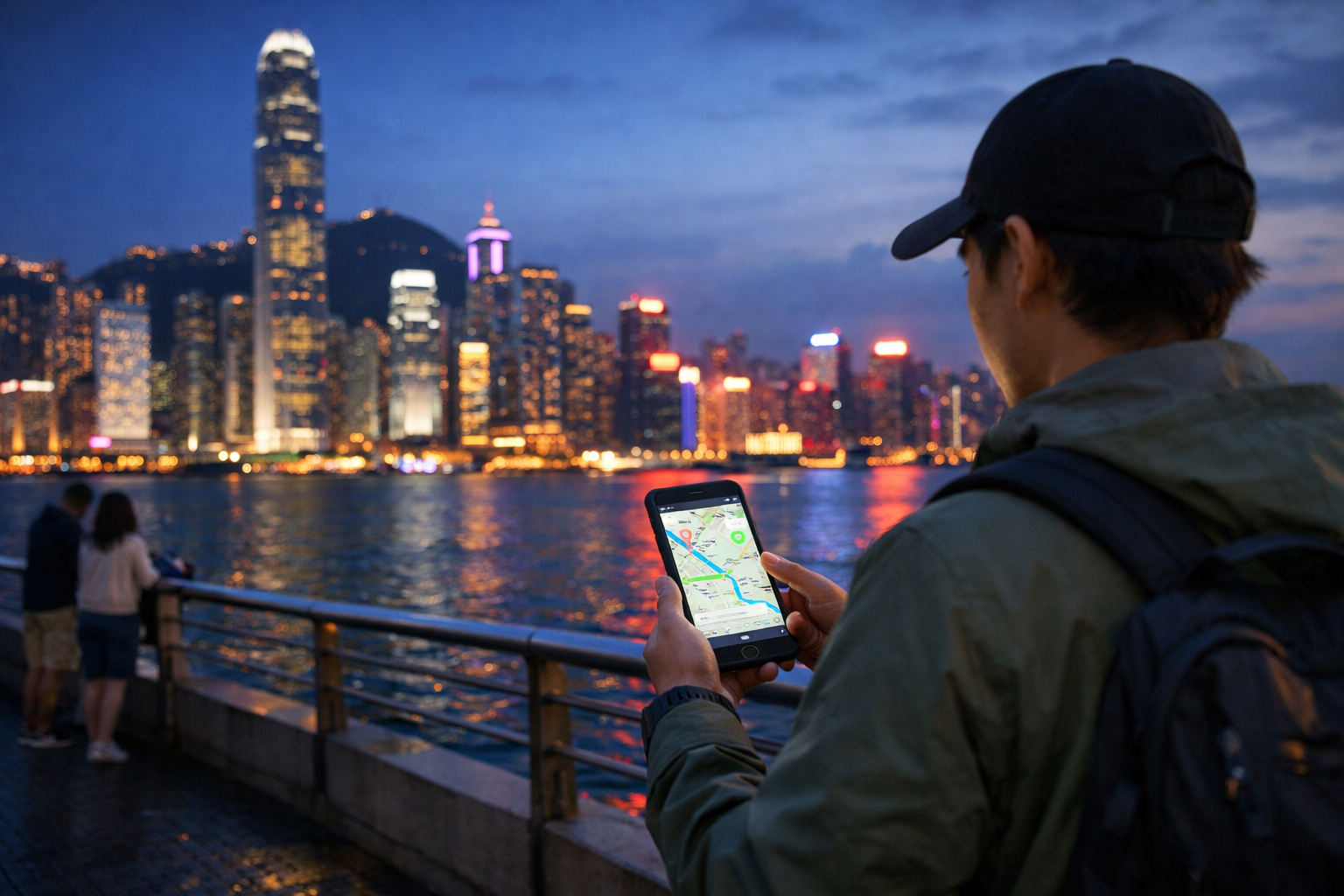 A tourist uses a smartphone with mobile internet on the Victoria Harbour waterfront in Hong Kong.