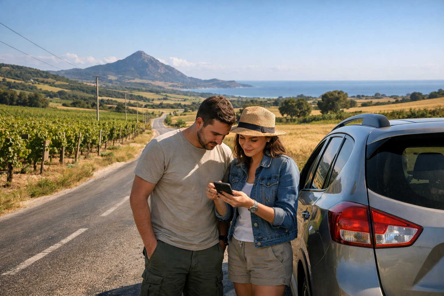 Veien til Cap Bon med bil og folk som bruker smarttelefon til navigasjon