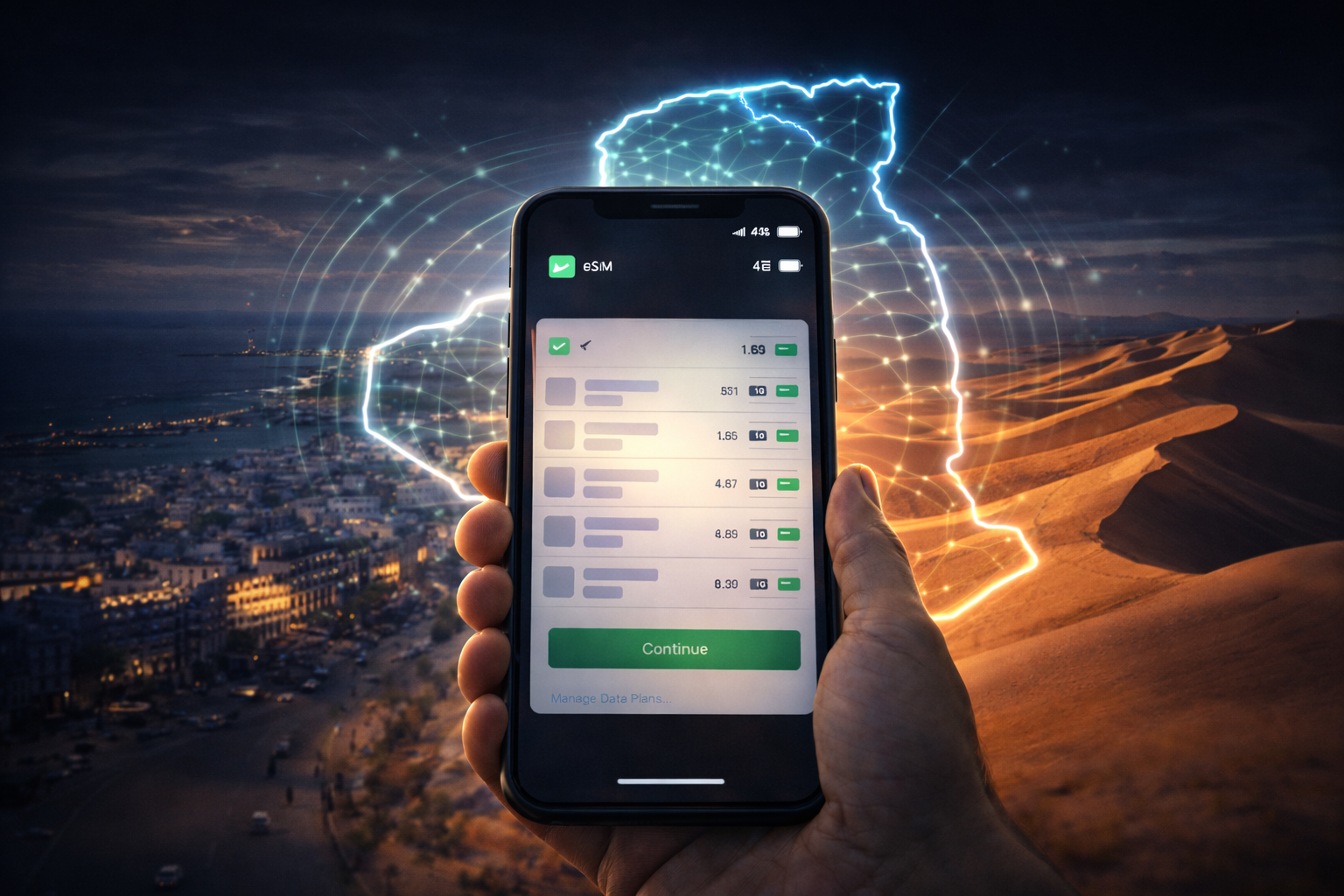 A smartphone with an active eSIM against a map of Algeria and symbolic network coverage