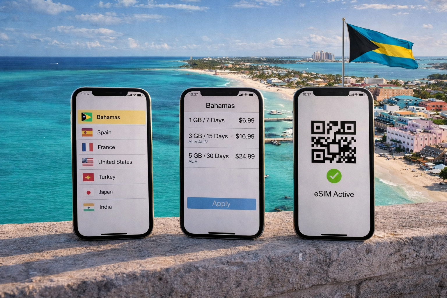 Attivazione di una eSIM per internet mobile alle Bahamas con la costa di Nassau e l’oceano turchese sullo sfondo.