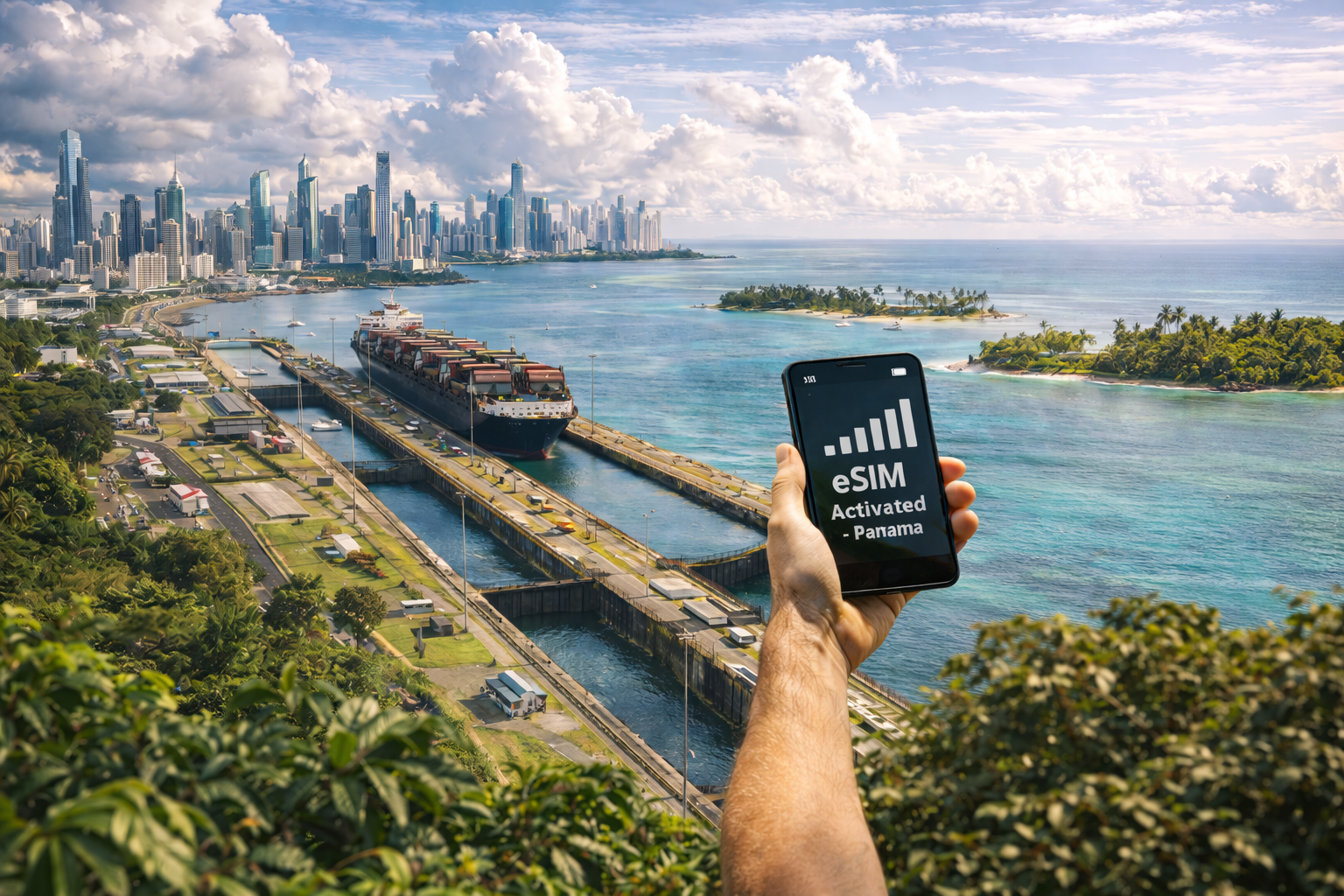 Panama — a panorama of Panama City, the Panama Canal, and a traveler with a smartphone using an active eSIM