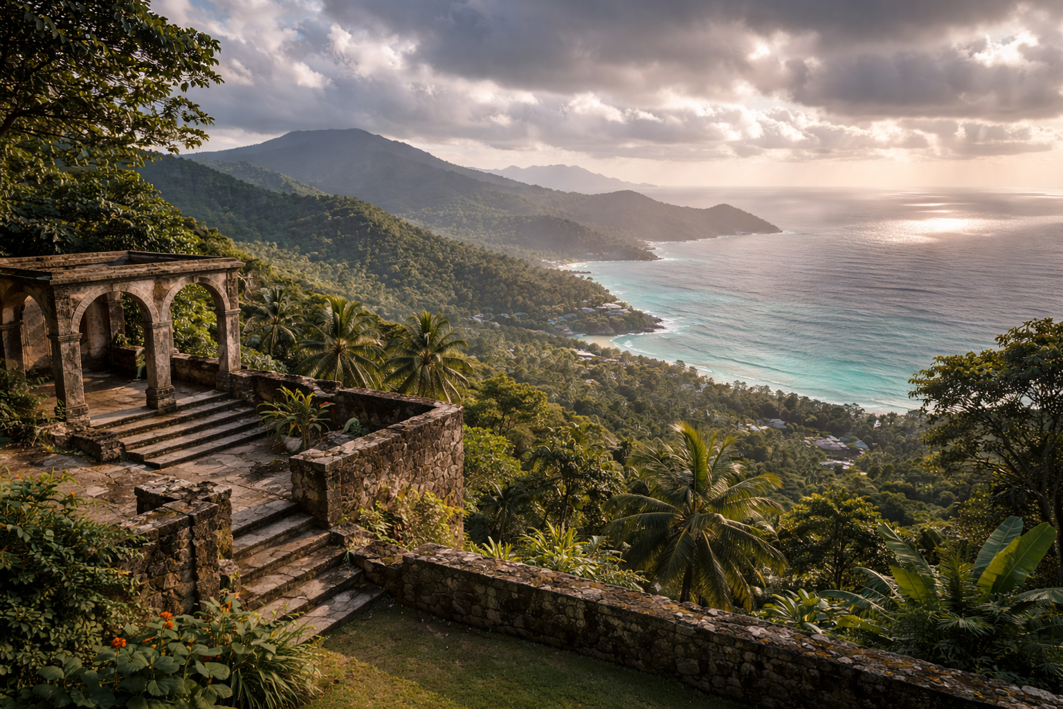 نقطة مشاهدة ميشون لودج في سيشل مع إطلالة على المحيط والجبال والغابة الاستوائية