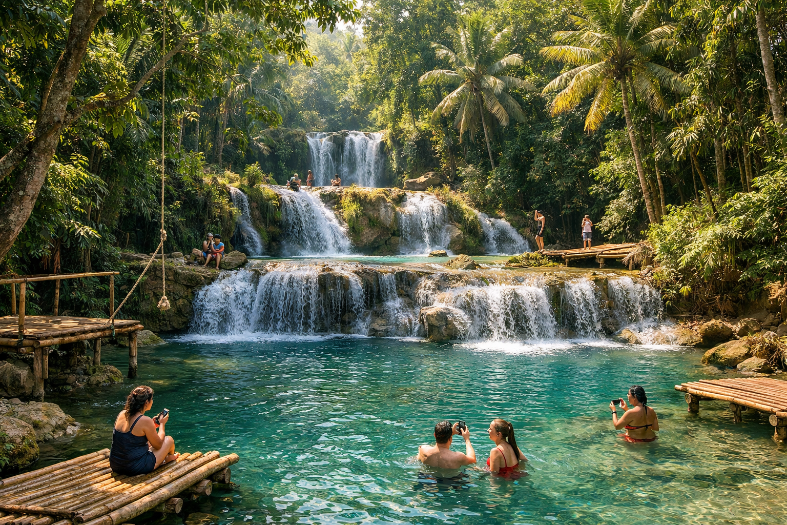 Cambugahay Falls on Siquijor Island amid the Philippines’ tropical jungle.