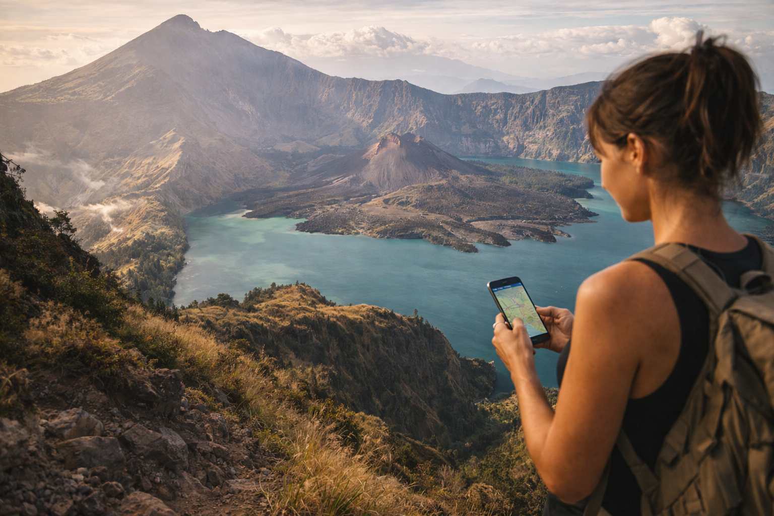 Mount Rinjani and a female traveler with a smartphone