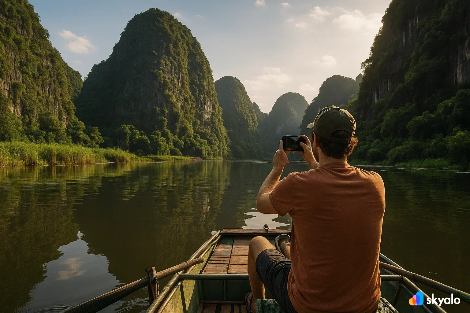 Boat ride along Tam Coc River in Ninh Binh, traveler using eSIM to live stream the trip