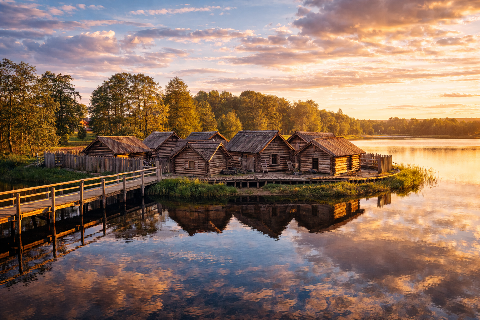 Āraiši Lake Castle and wooden houses on the water