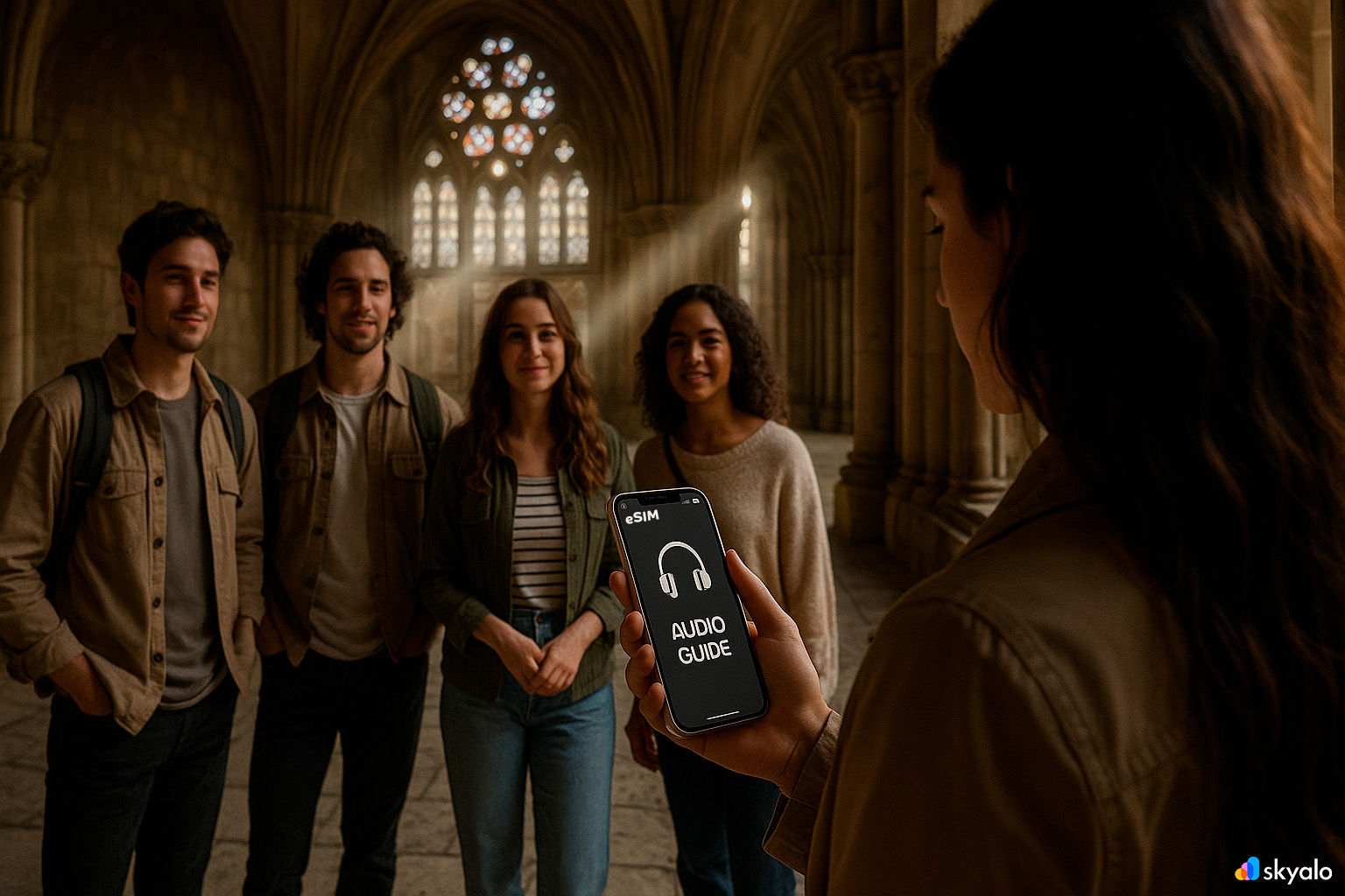 Tour group listening to an audio guide in Batalha; phone online via Skyalo eSIM, light rays and stone lace of the cloister