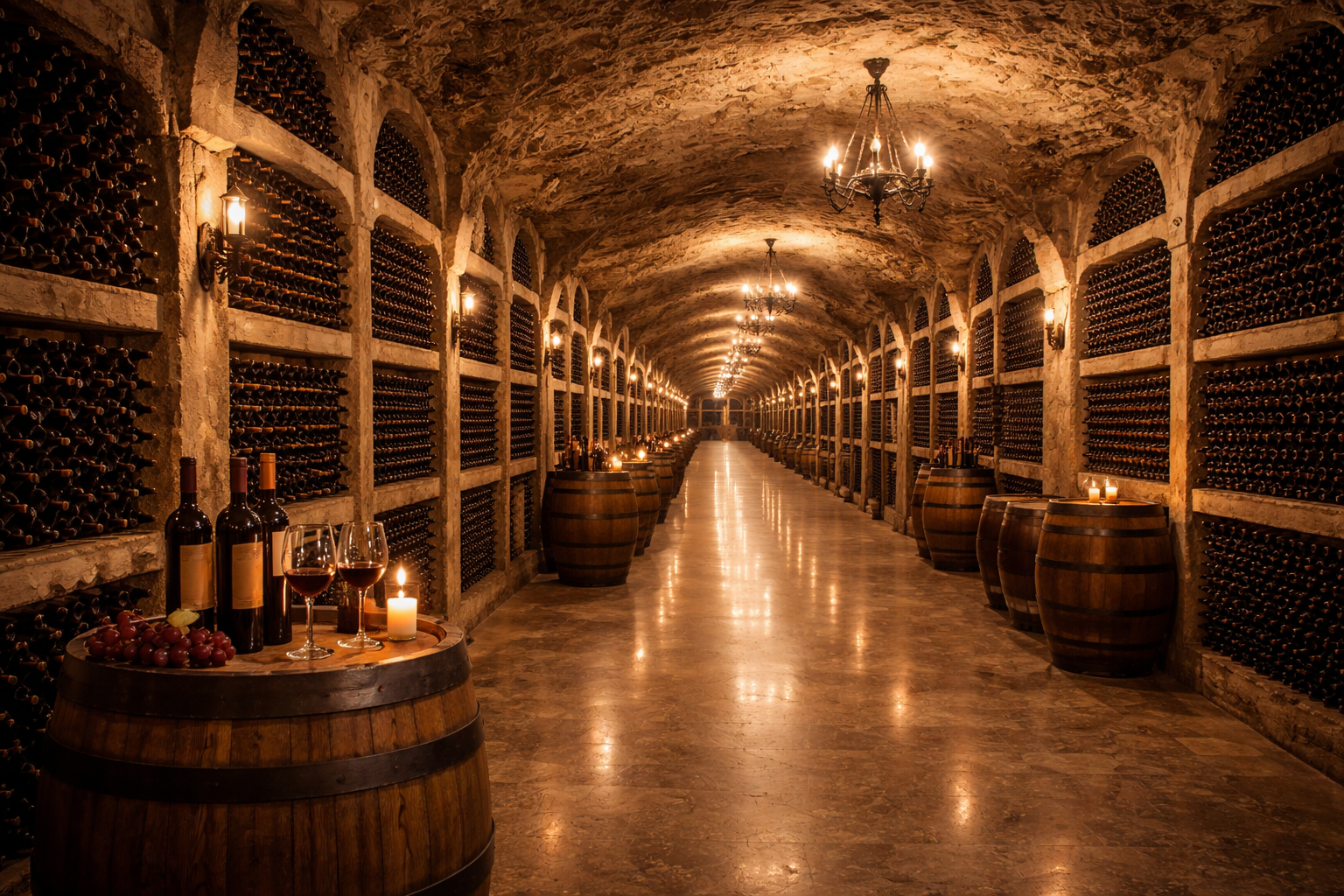 הגלריות התת-קרקעיות העצומות של מילשטי מיץ במולדובה עם שורות בקבוקים ותאורה חמה ואווירתית.