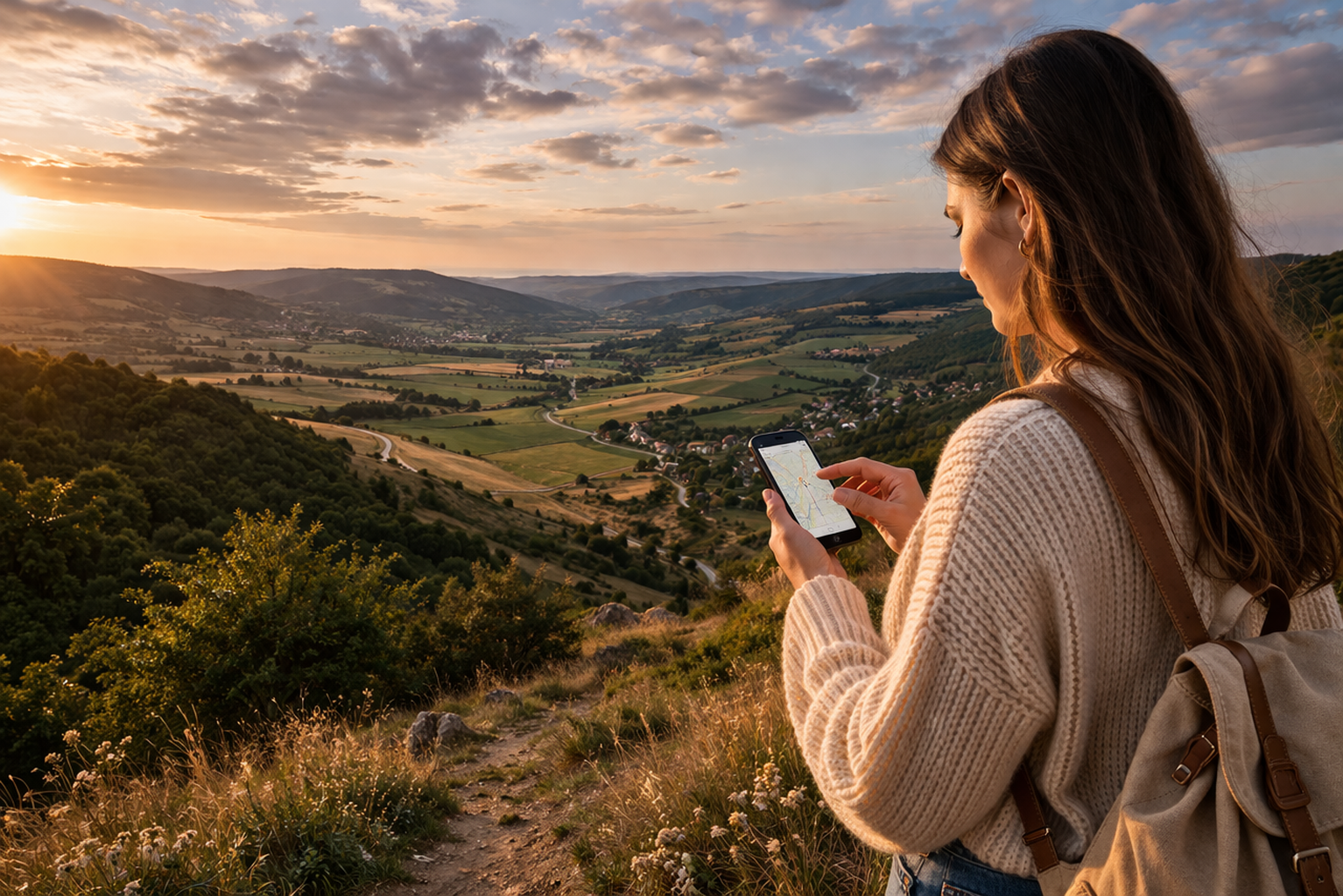 מבט פנורמי על בלנשטי במולדובה עם גבעות, דרכי עפר ומטייל שמשתמש ב-eSIM בסמארטפון בנקודת תצפית.