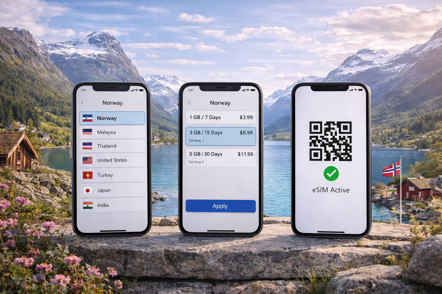 Setting up an eSIM for Norway on a smartphone – choosing the country, plan, and activating a QR code with a Norwegian fjord in the background