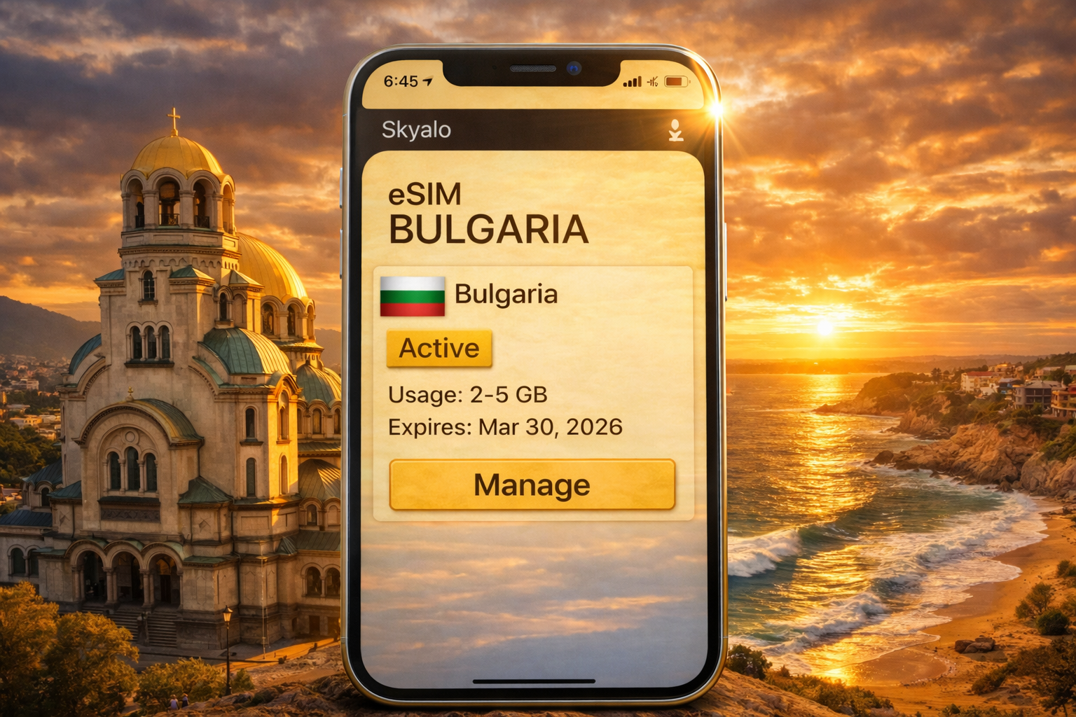 An eSIM for Bulgaria activated on a smartphone with Alexander Nevsky Cathedral and the Black Sea coast at sunset in the background