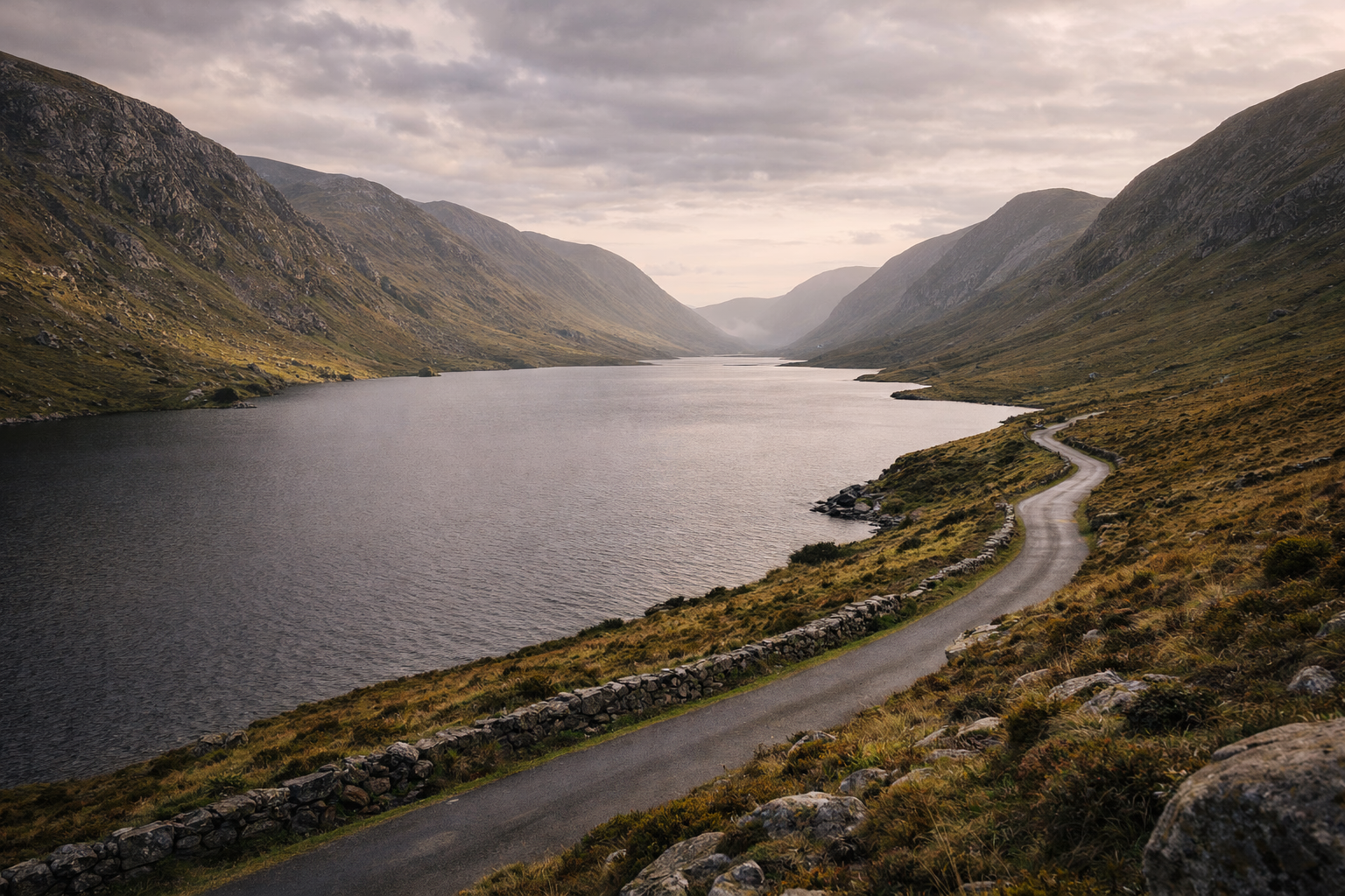 הפארק הלאומי גלנווי באירלנד עם עמק רחב, רקע הררי, דרך אגמים ונוף צפוני שקט.