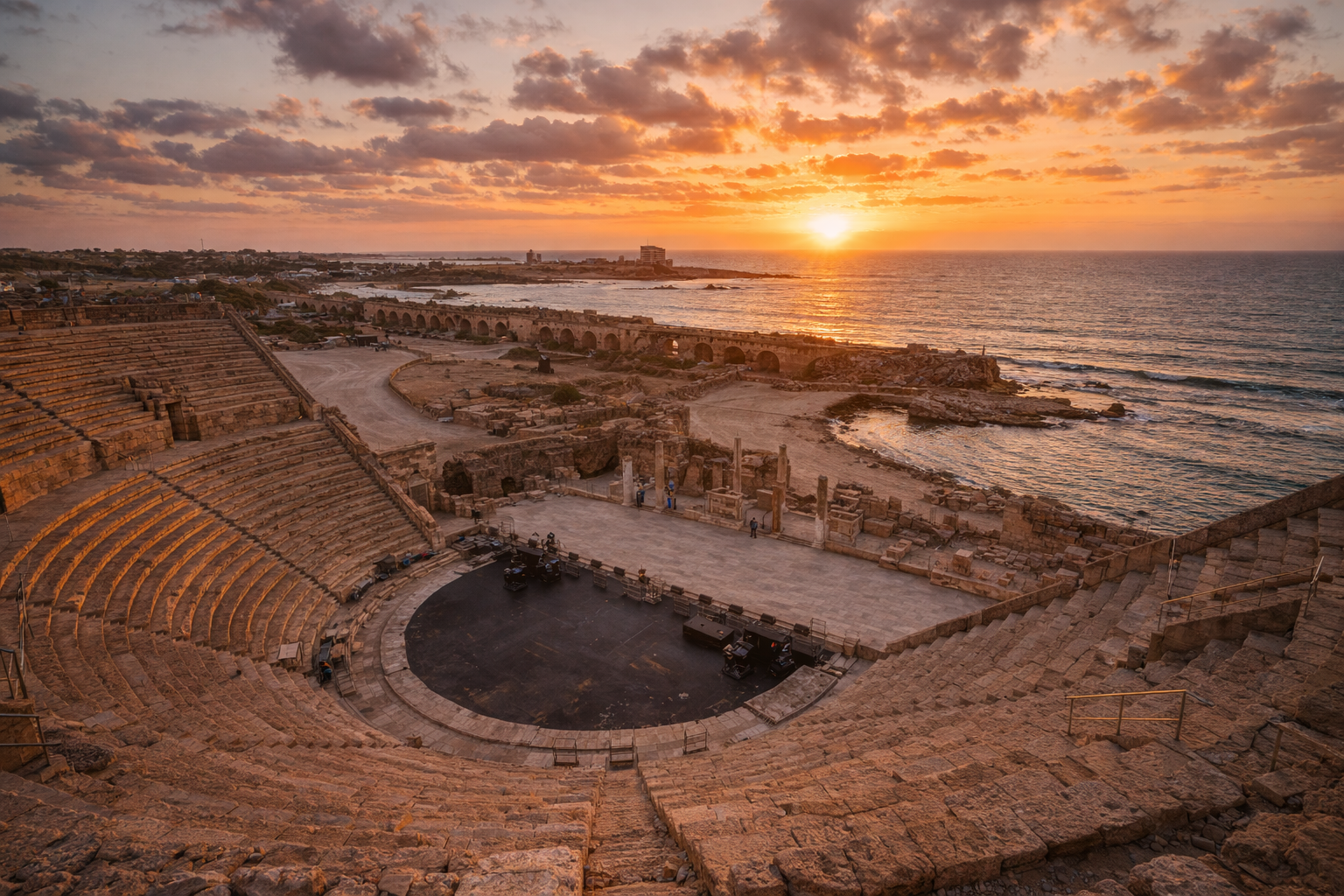 Roman ruins of Caesarea and an ancient amphitheater by the Mediterranean Sea