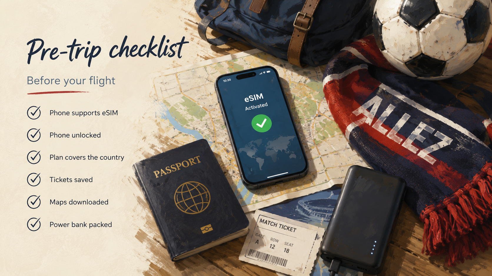 Pre-trip checklist for the World Cup with eSIM, passport, ticket, map, power bank, and football scarf