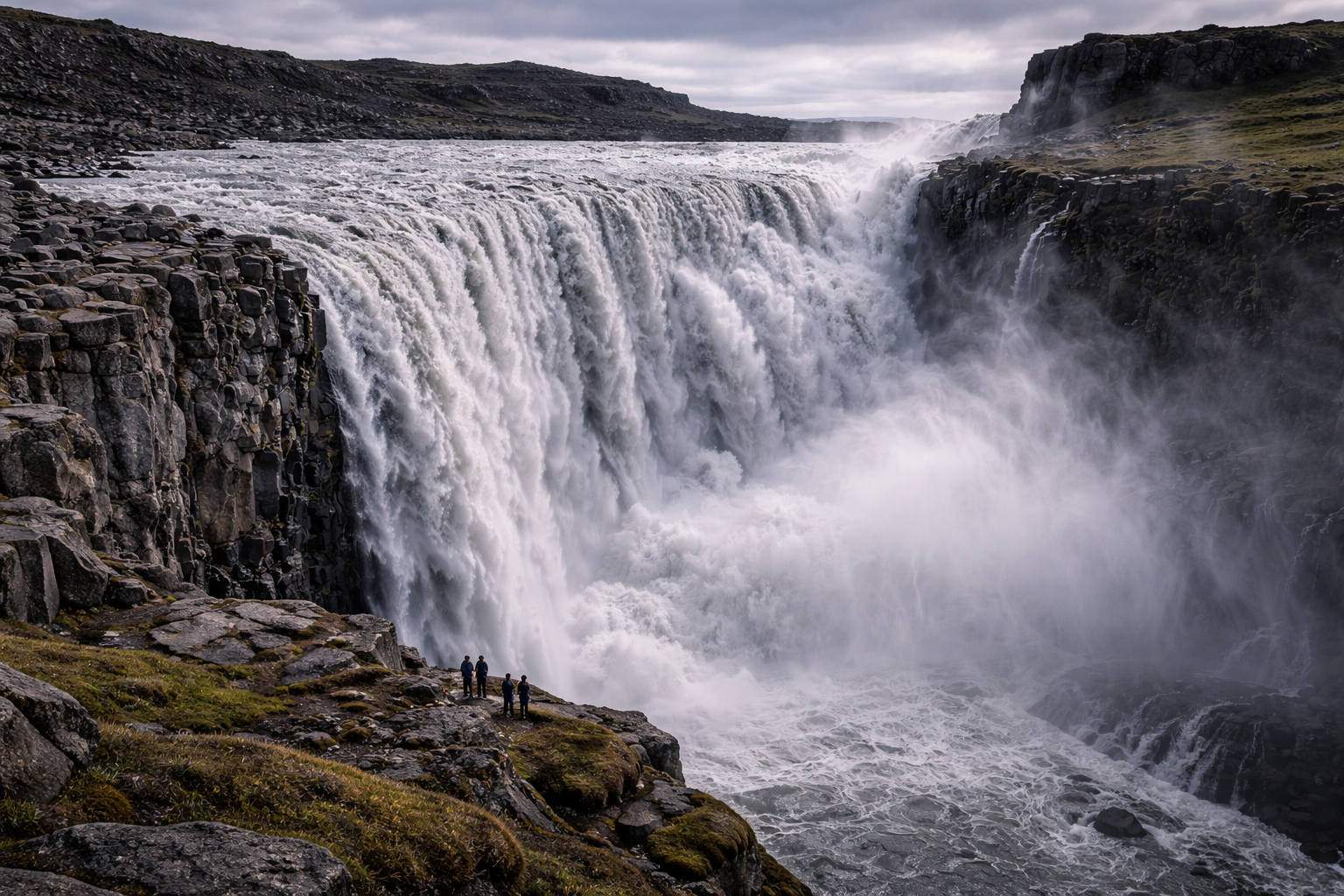 Dettifoss ūdenskritums Islandē ar varenīgu ūdens straumi, skarbu kanjonu, miglu un dabas spēka sajūtu