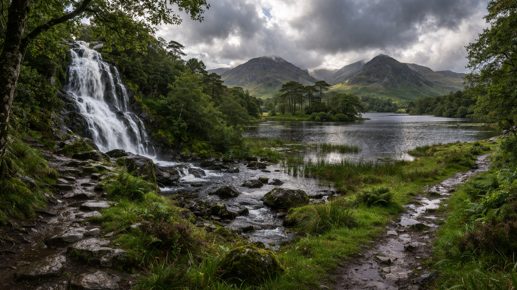 הפארק הלאומי קילרני עם אגמים, יערות, מדרונות ירוקים ואור רך של דרום-מערב אירלנד.