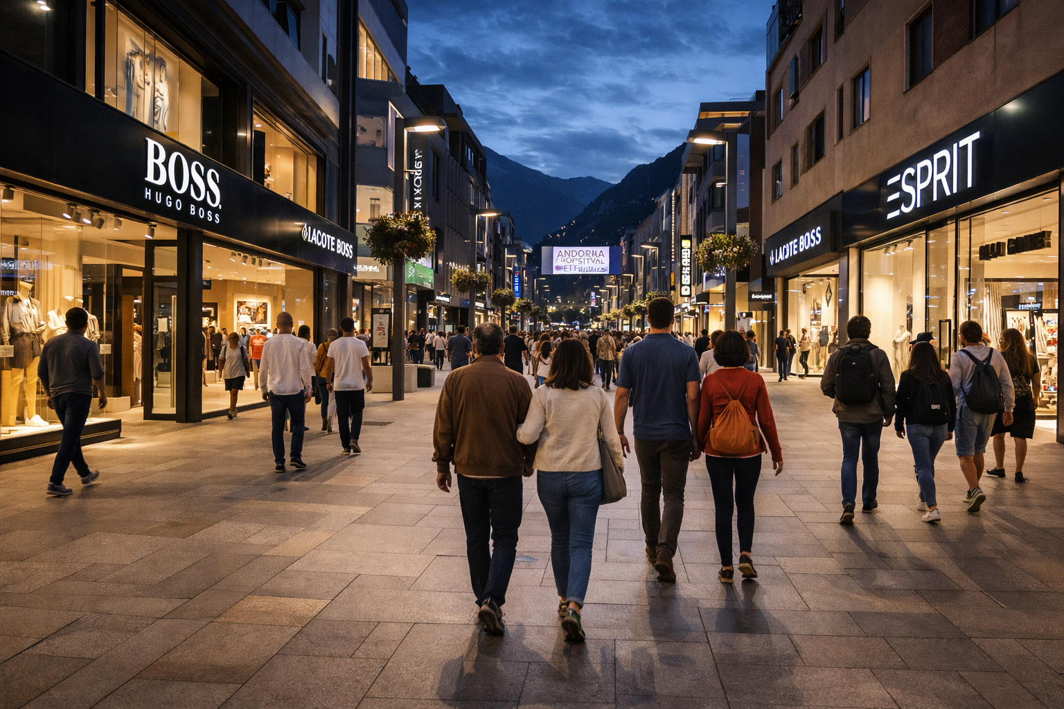 Andorra la Vella shopping street evening