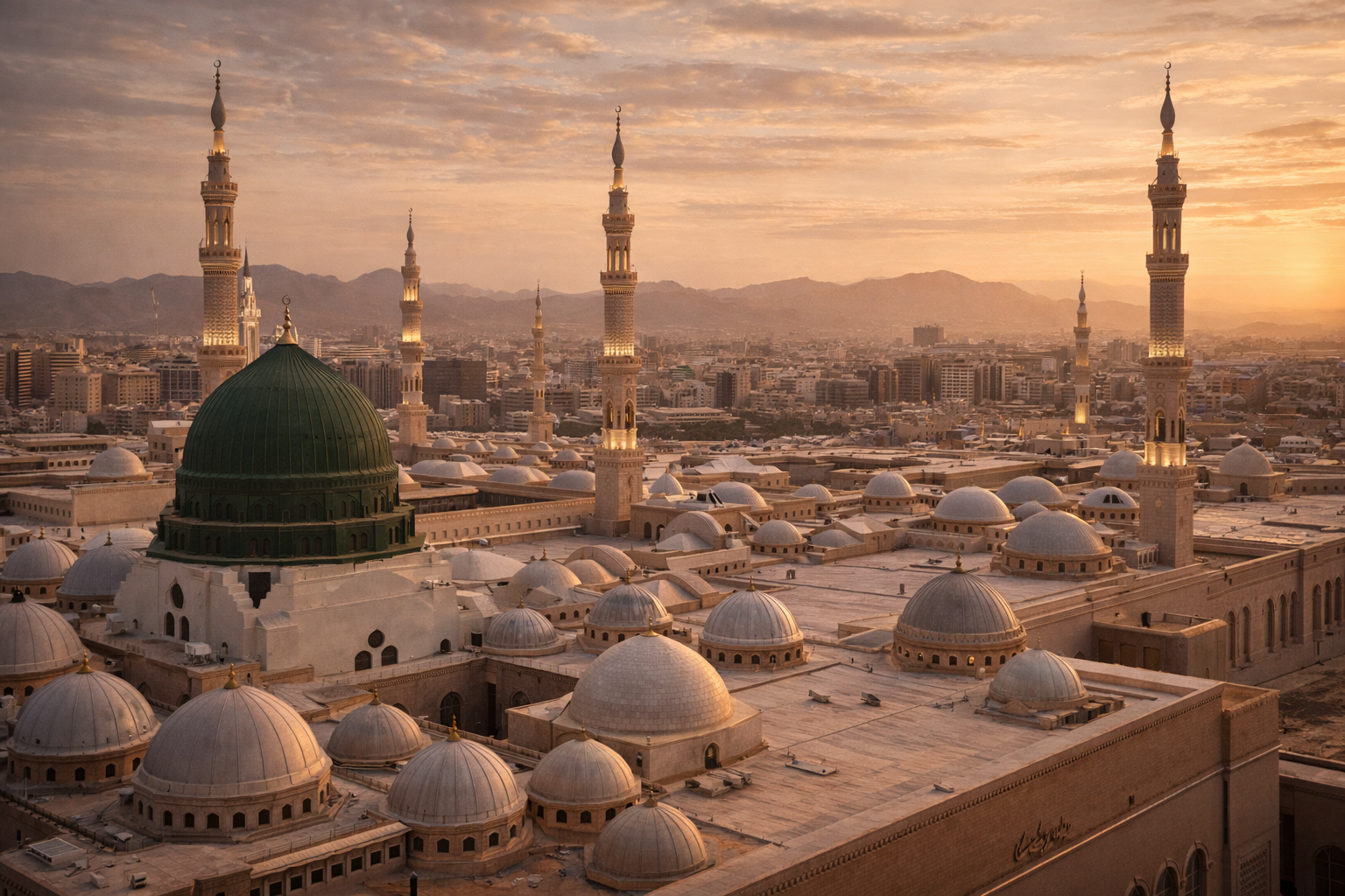 Panoráma Mediny s mešitami a minaretmi