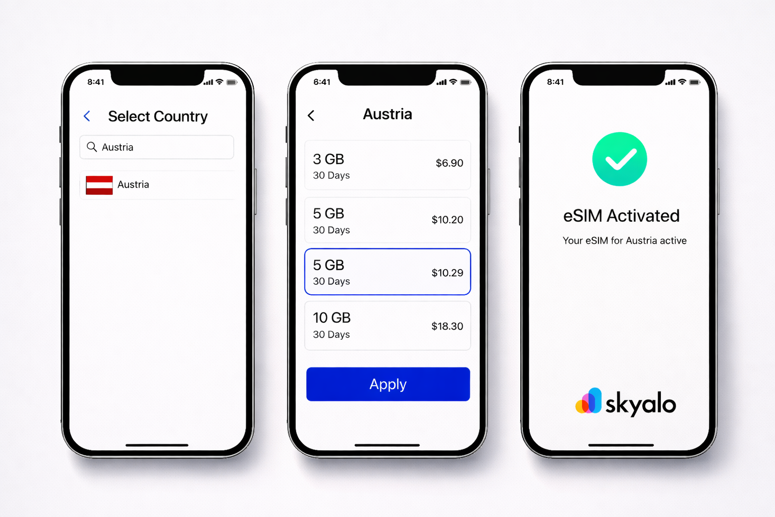 Skyalo eSIM interface for Austria: country selection, 3/5/10 GB plans, and the successful eSIM activation screen.