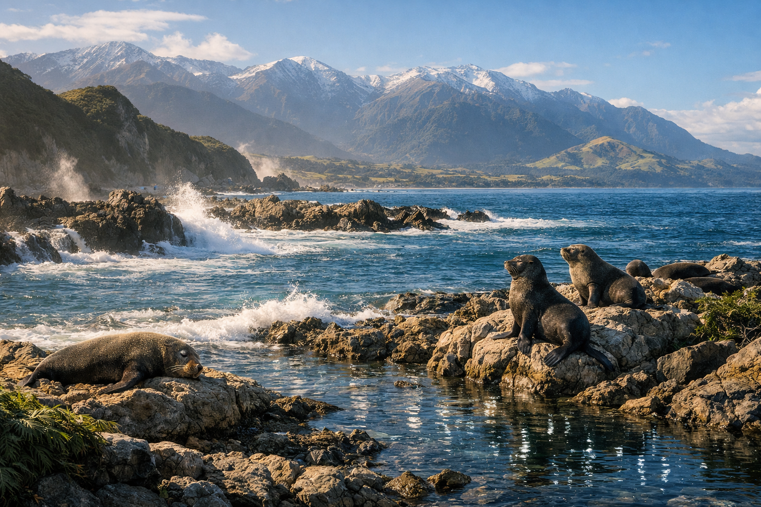 Kaikouras piekraste ar okeānu un kalniem