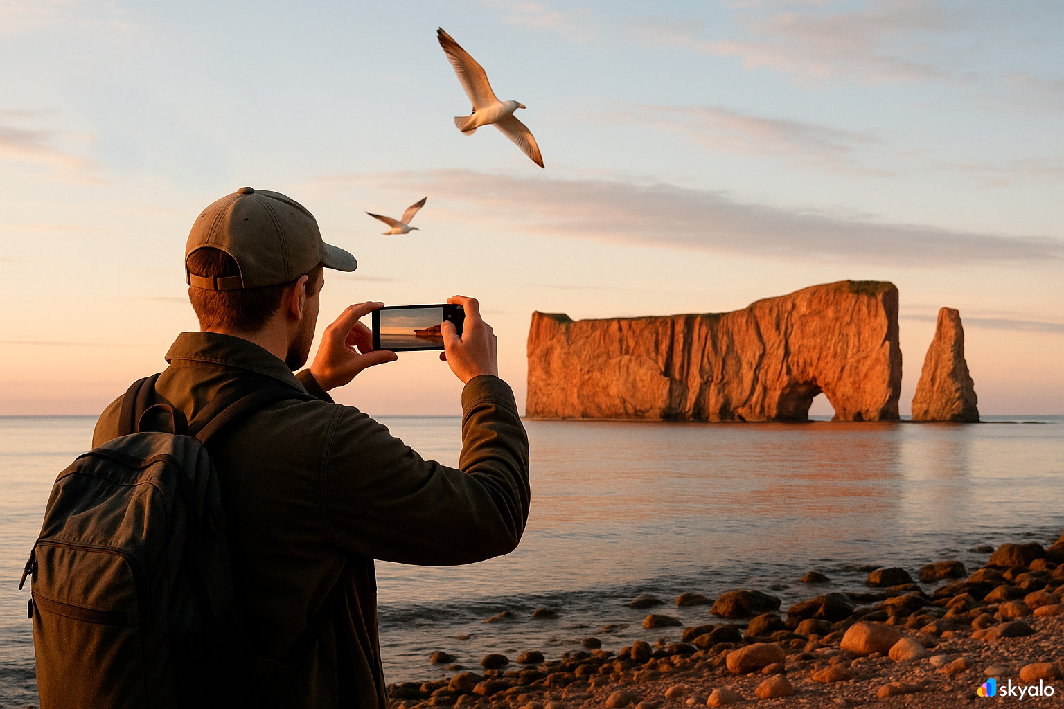 Percé Rock at dawn; seabirds overhead and salty Atlantic air in the rising sun