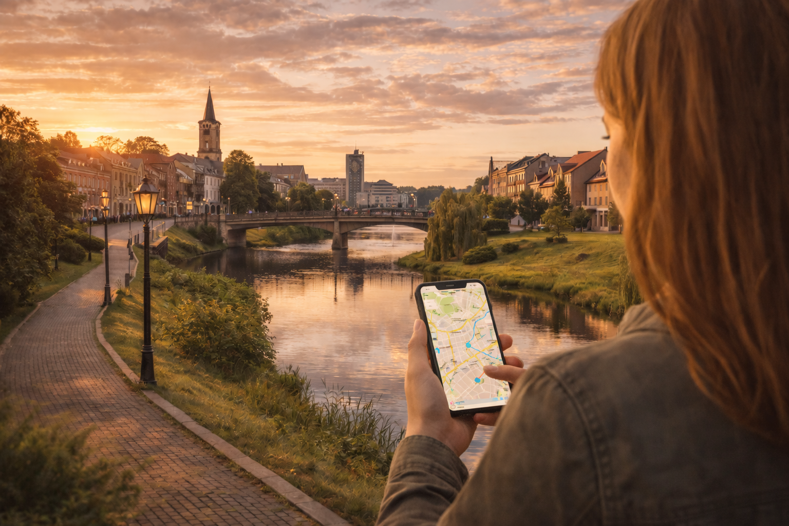 Panevėžys city center on the Nevėžis River and a traveler with a smartphone with an eSIM connected