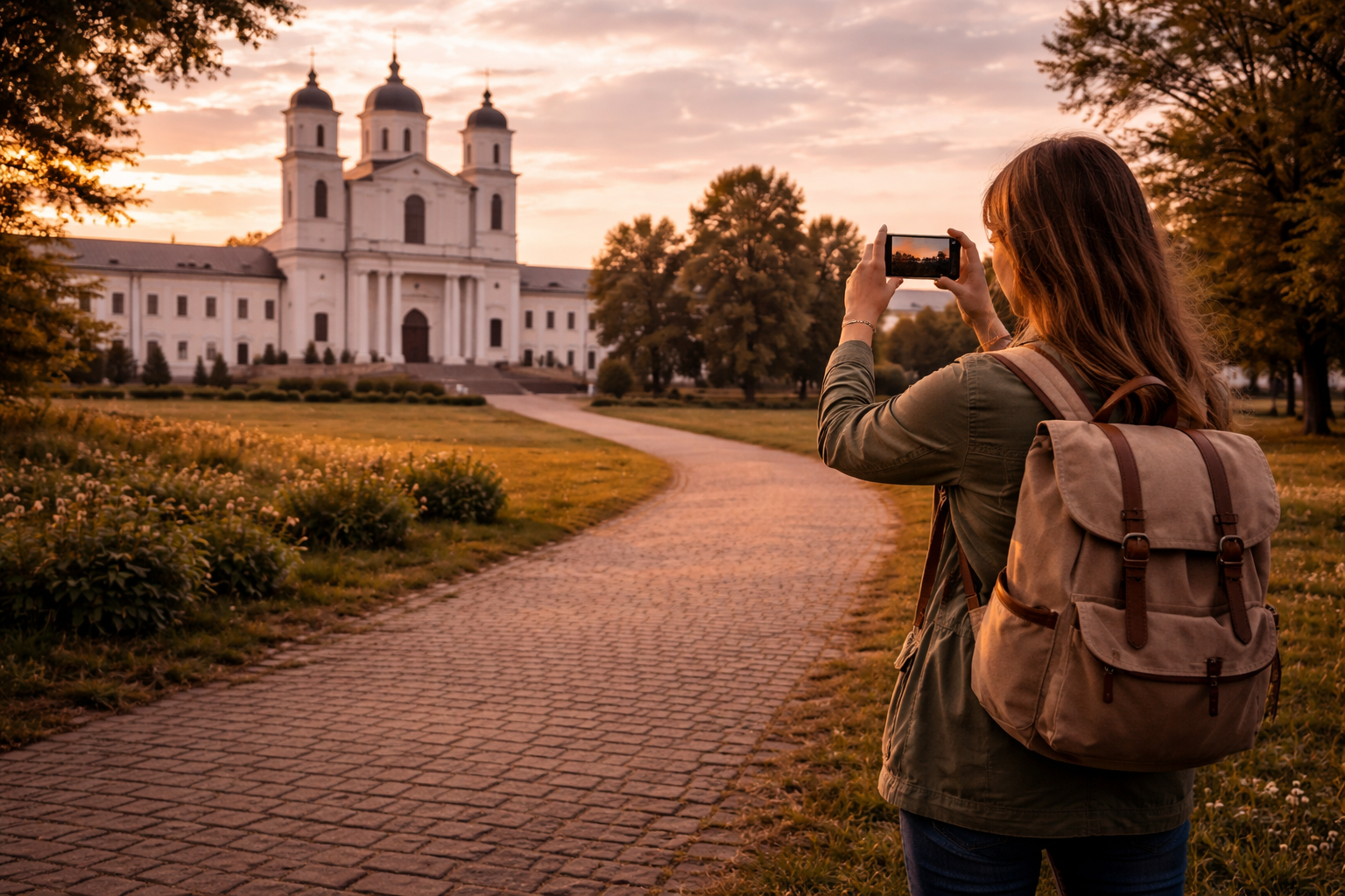 eSIMを使う旅行者とジロヴィチ修道院