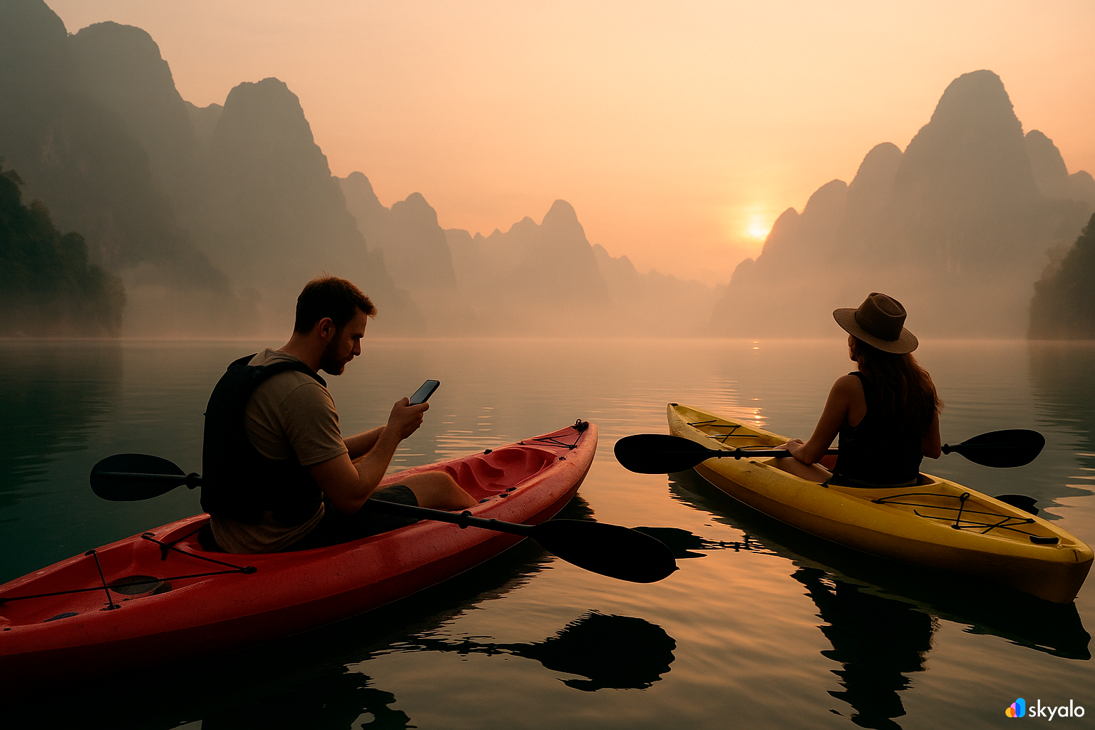 Morning kayaking at Khao Sok — route tracking via Skyalo eSIM