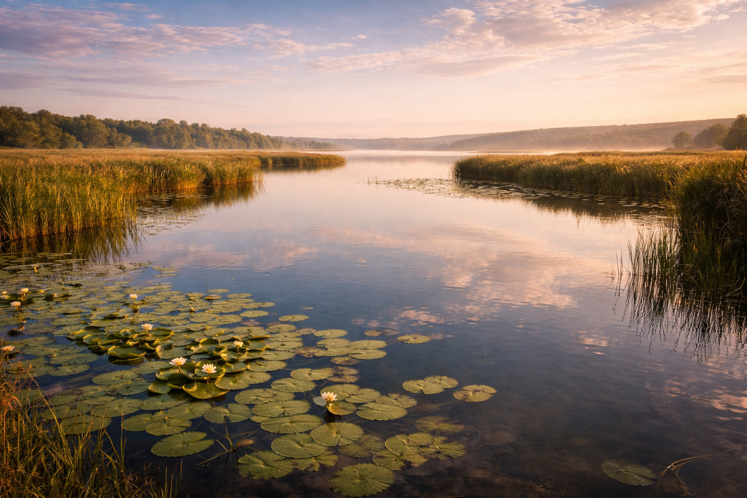 אגם בלֵאוּ במולדובה עם פני מים שקטים, צמחייה חופית, שמיים רחבים ואור בוקר רך.