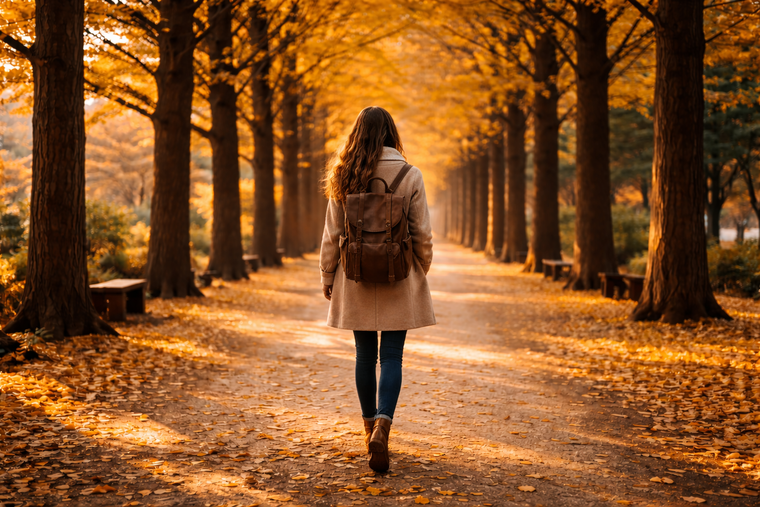 Osoba na alei drzew na wyspie Nami