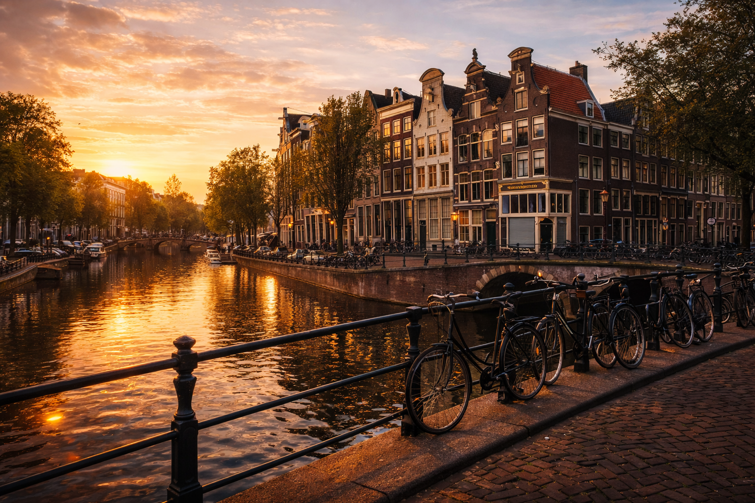 Amsterdam’s canals with historic houses and bridges at sunset