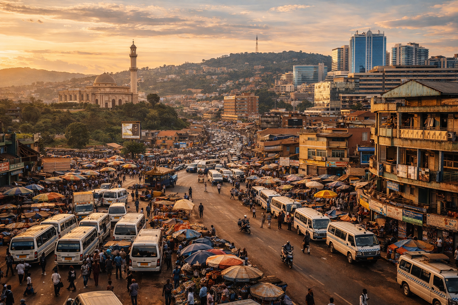 Kampala di Uganda dengan jalan yang sibuk, bukit, bangunan bandar dan suasana ibu kota Afrika