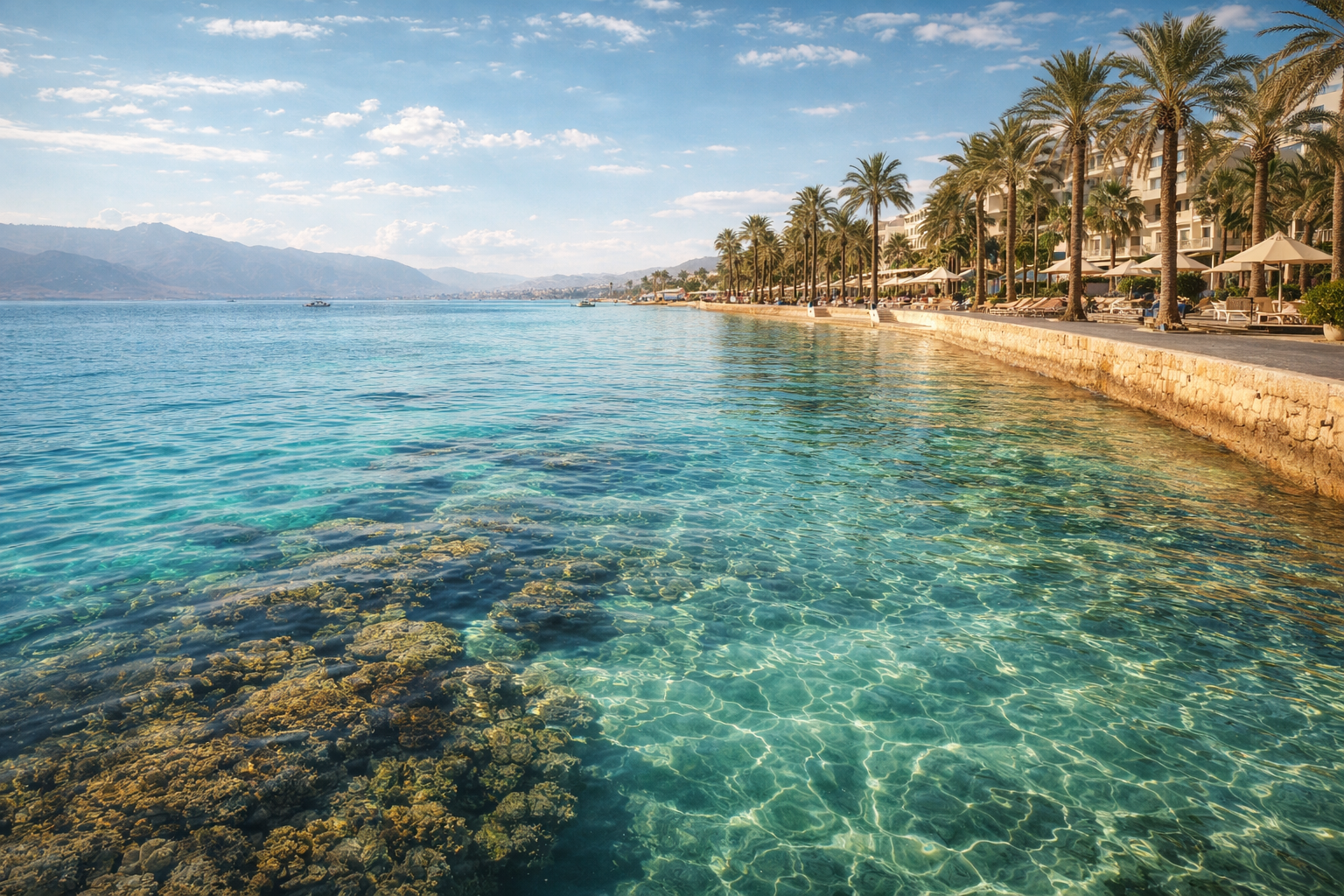 חופי עקבה בירדן עם הים האדום, מים צלולים, עצי דקל ואווירת נופש